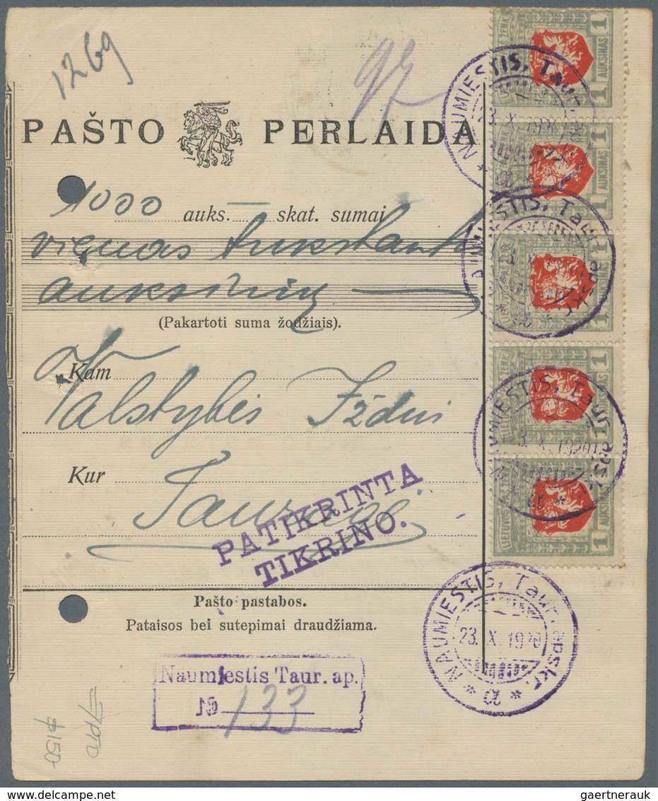 Lettland: 1919. MONEY ORDER (PASTO PERLAIDA), Black/old White Form, For The Sum Of 1,000A, Franked 1 - Lettland