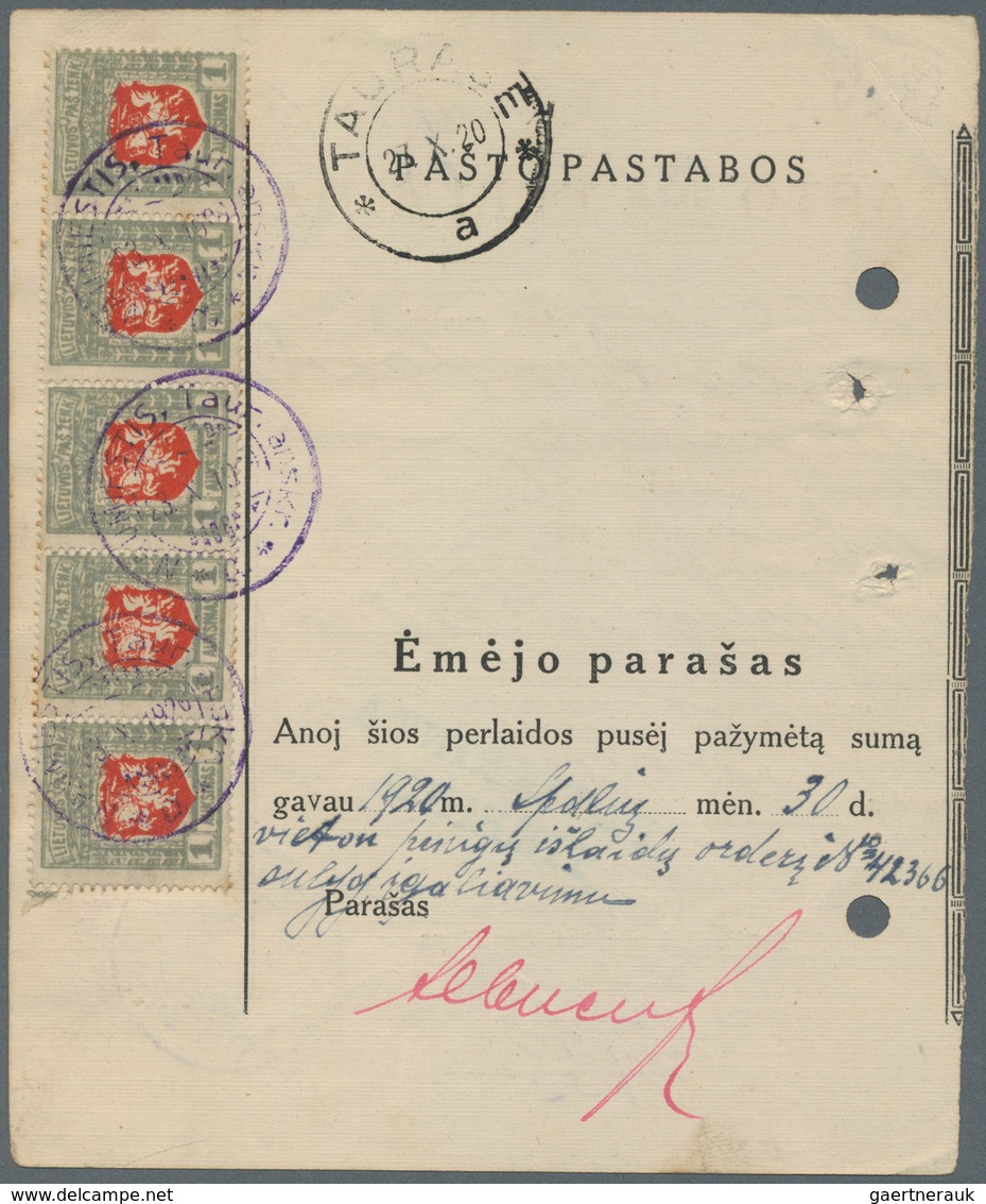 Lettland: 1919. MONEY ORDER (PASTO PERLAIDA), Black/old White Form, For The Sum Of 1,000A, Franked 1 - Lettonie