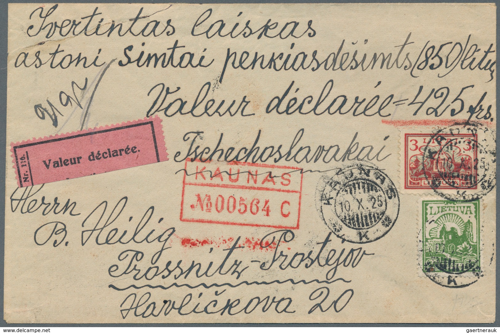 Lettland: 1925. Registered Value Declared Letter (425 Frs) To An Address In Czechoslovakia, Franked - Latvia