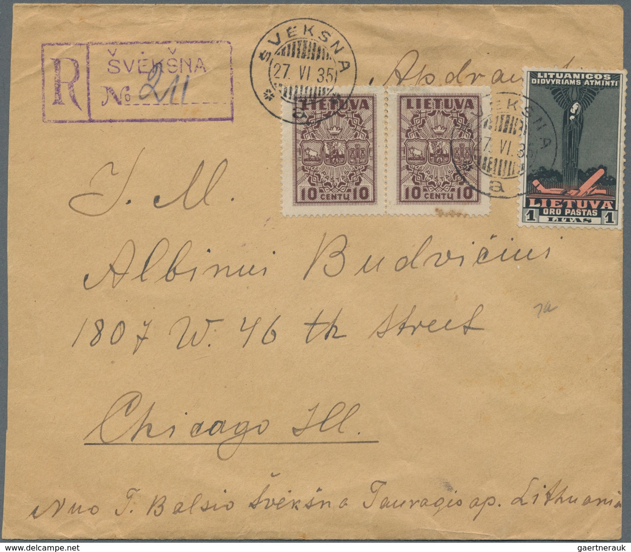 Lettland: 1935, Registered Cover, Left Side Shortend, To Chicago, ILL., Franked 10c Chocolate (SG 40 - Lettland