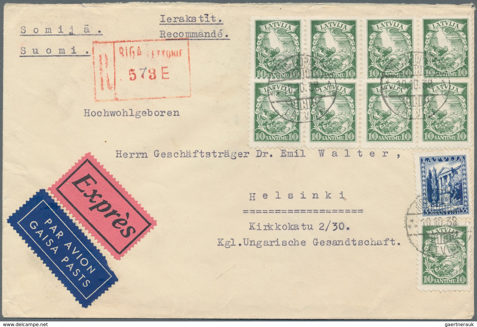 Lettland: 1938/1939, 35 S + 40 S Souvenir Sheet "construction Fund" Together With 9 X 10 S Deep Gree - Lettonie