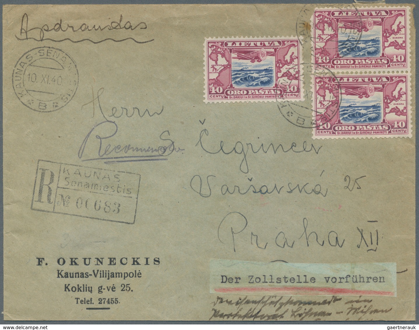 Lettland: 1940. Registered Letter To PRAGUE Franked 40c Dull Blue And Lilac-carmine (Michel 386, Sin - Latvia