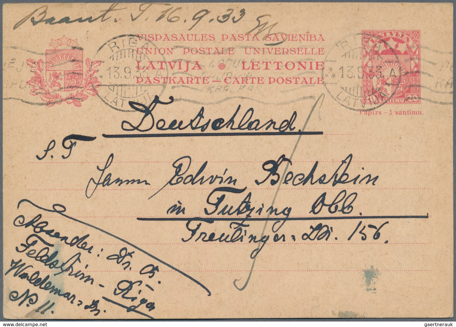 Lettland - Ganzsachen: 1933 Postal Stationery Card P 8 From Riga To Tutzing With Long Message Some L - Lettonie