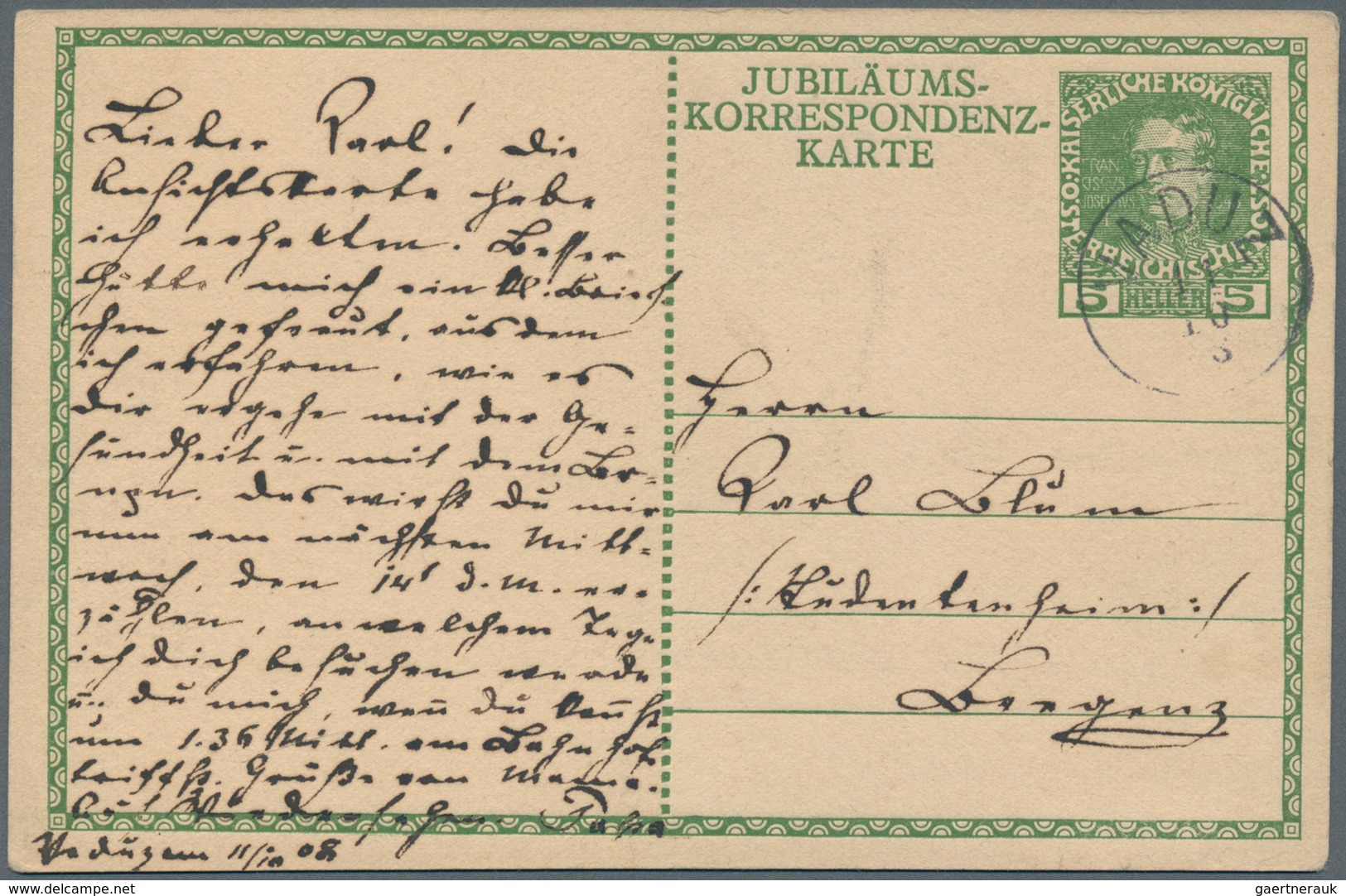 Liechtenstein - Vor- Und Mitläufer: 1908. Einkreis "Vaduz 11.10.08" Auf 5 H Grün Jubiläumskarte Nach - ...-1912 Préphilatélie