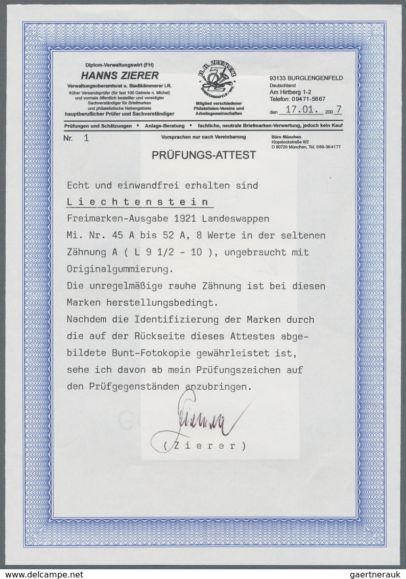 Liechtenstein: 1921, Freimarken: Landeswappen, Kompletter Postfrischer Luxussatz Gezähnt L 9½, Die R - Lettres & Documents