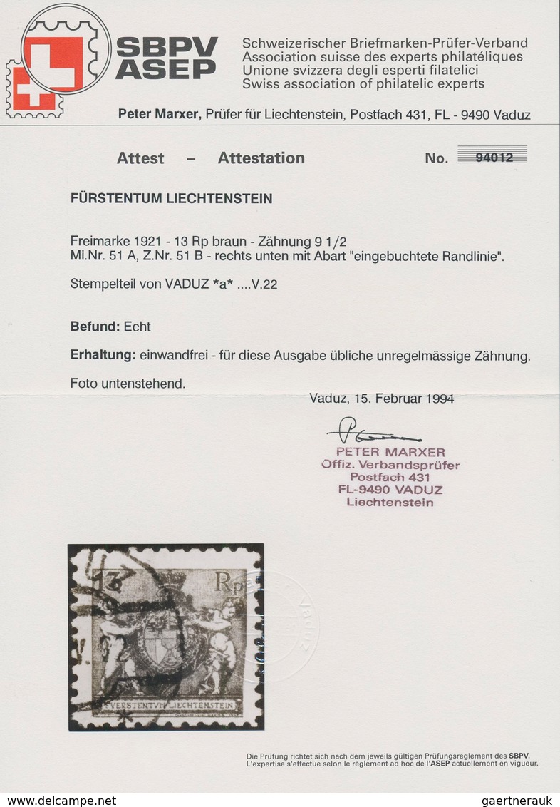 Liechtenstein: 1921, 13 Rp. Freimarke Landeswappen In Zähnung 9 1/2 Gestempelt. Fotoattest Marxer (1 - Covers & Documents