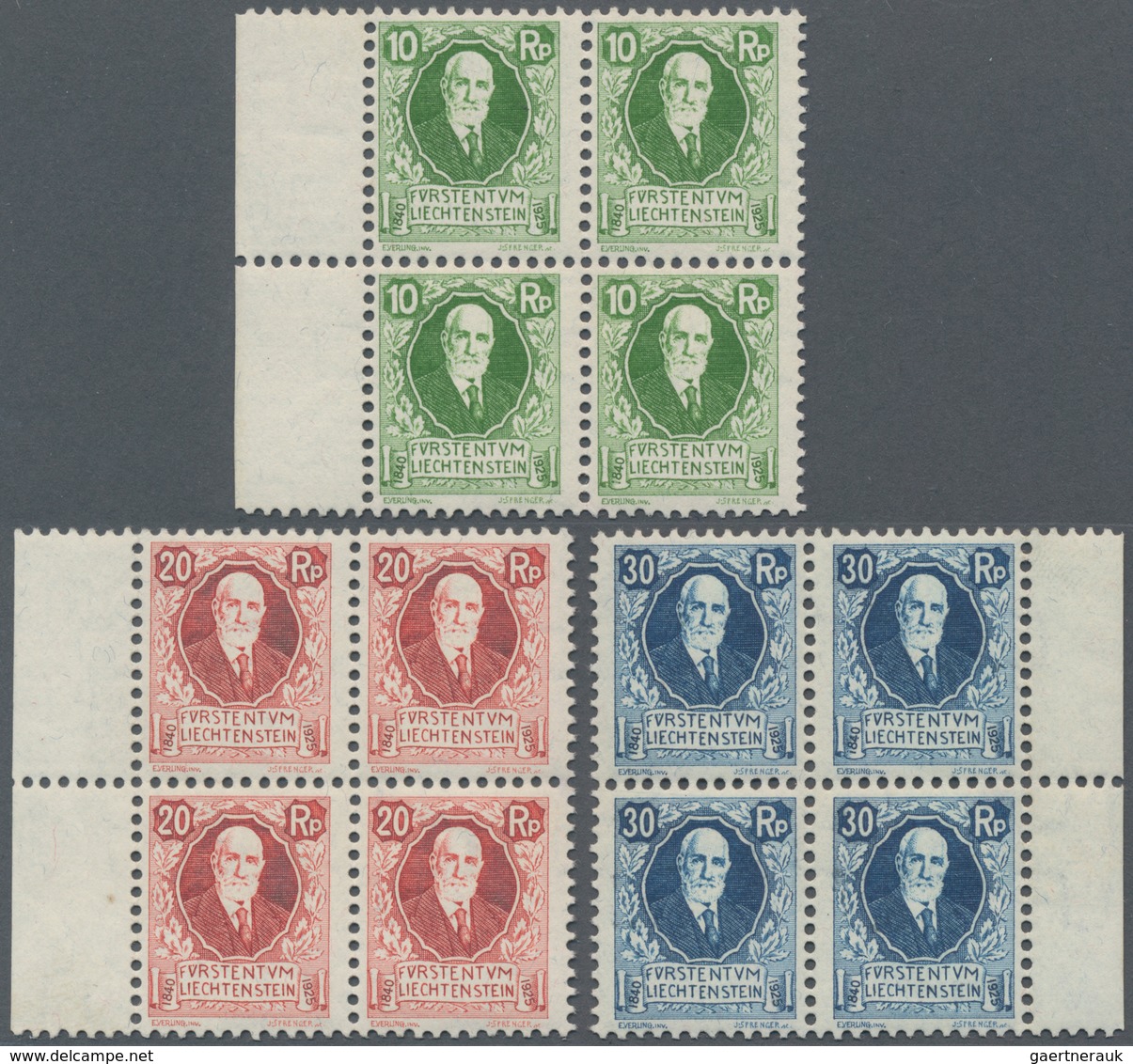 Liechtenstein: 1925, Johann II, 10 - 30 Rp Im Rand-Viererblock, Mi. 960,- - Covers & Documents