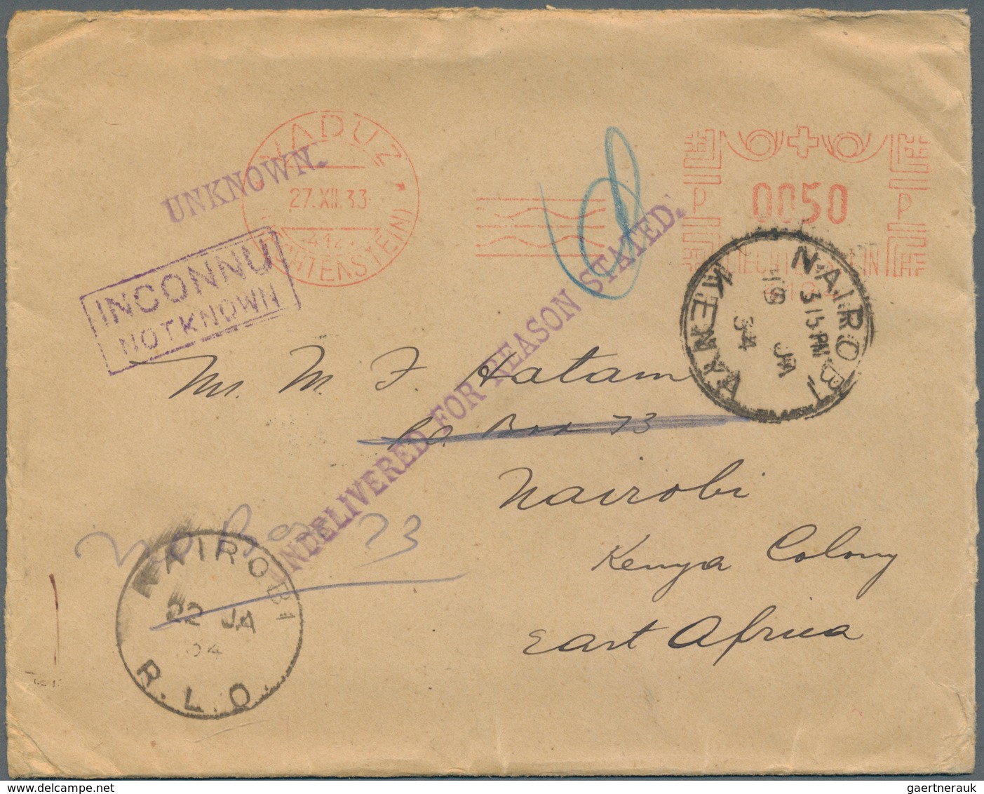 Liechtenstein: 1933, 50 Rp. Freistempel (1. Type) Auf Umschlag Adressiert Nach Nairobi, Kenia. Mit D - Lettres & Documents