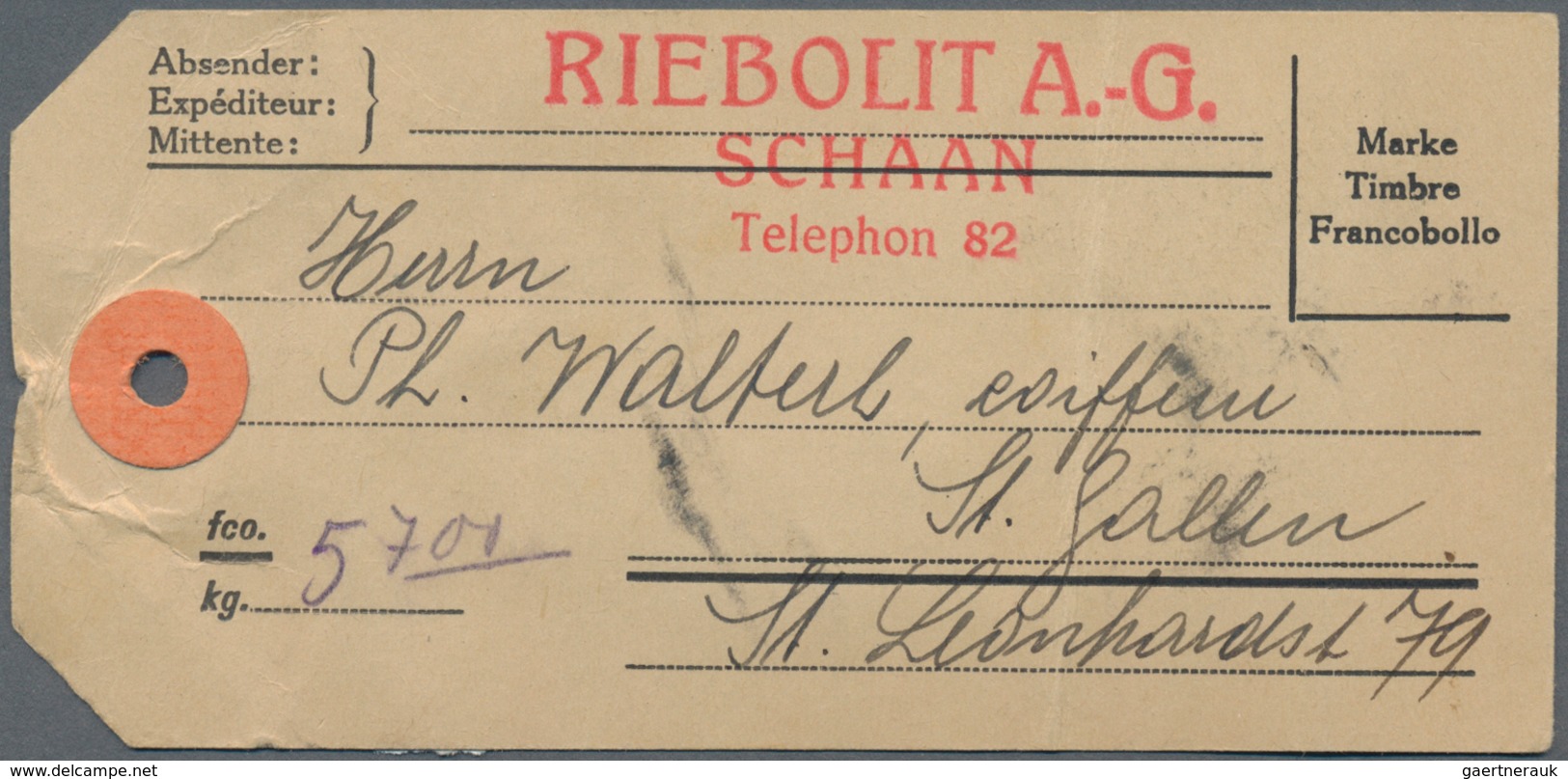 Liechtenstein: 1934, 1.20 Fr. Freimarke Als EF Auf Koffer-Begleitzettel über 5,7 Kg Von Schaan, Stem - Briefe U. Dokumente