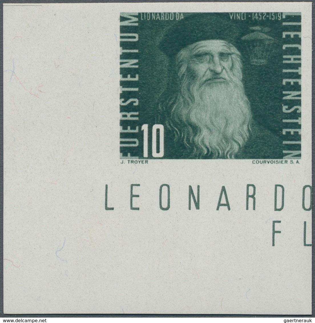 Liechtenstein: 1948, Flugpioniere, 10 Rp. Grün "Leonardo Da Vinci" Ungezähnt Aus Der Linken Unteren - Briefe U. Dokumente