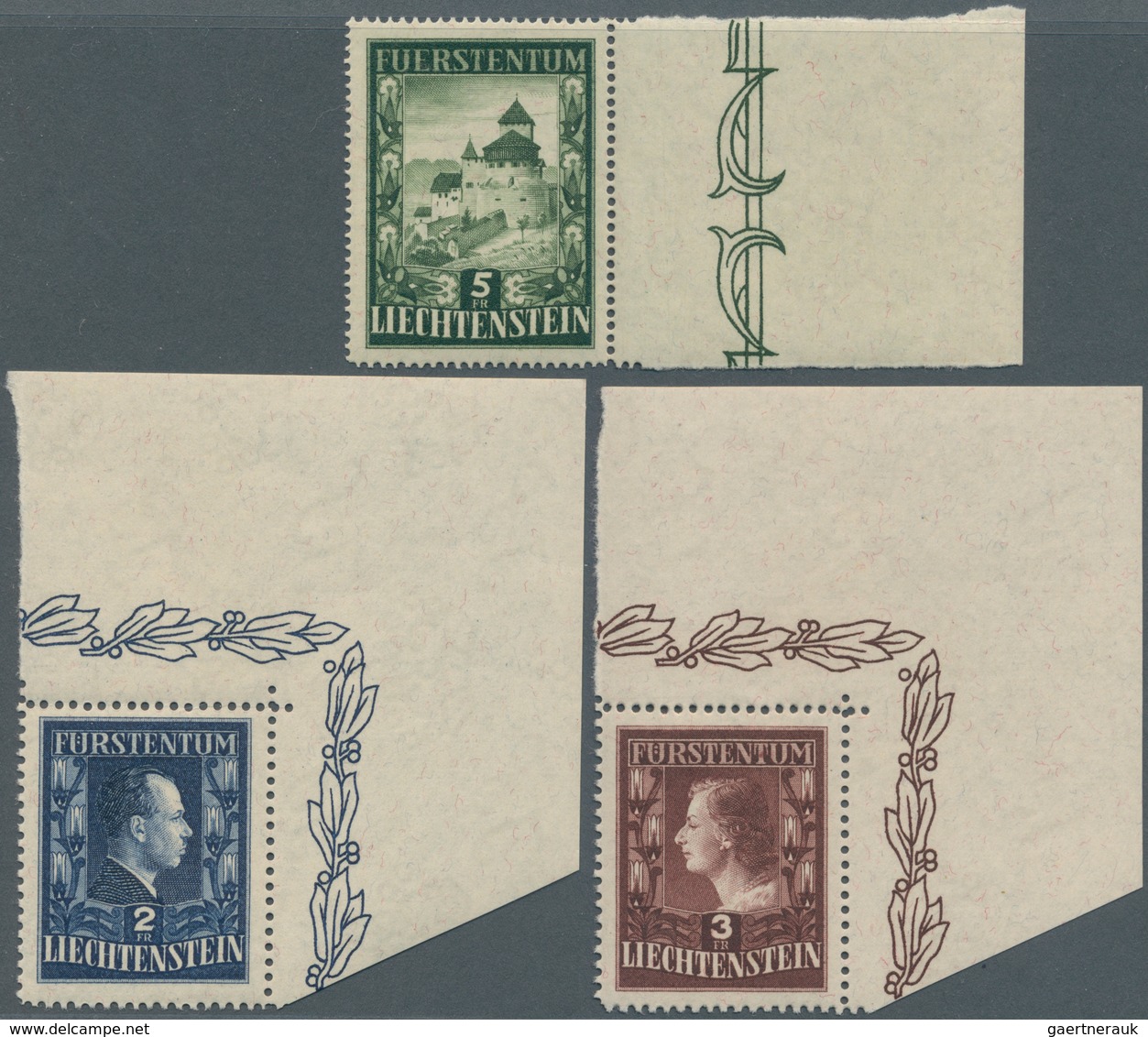 Liechtenstein: 1951/1952, Fürstenpaar, Eckrand Oben Rechts Sowie Schloß Vaduz 5 Fr. Vom Seitenrand, - Covers & Documents