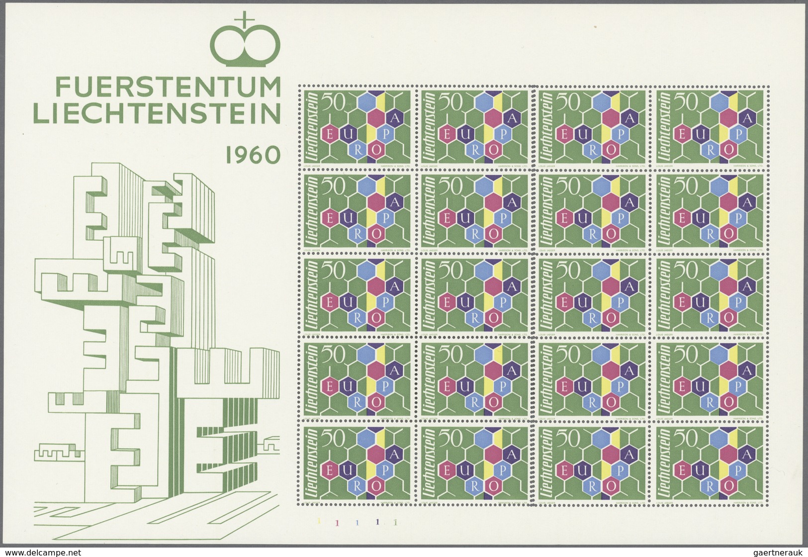 Liechtenstein: 1960, 50 Rp. Europa, 1. Auflage Im Kompletten Originalbogen Zu 20 Werten, Postfrisch, - Lettres & Documents