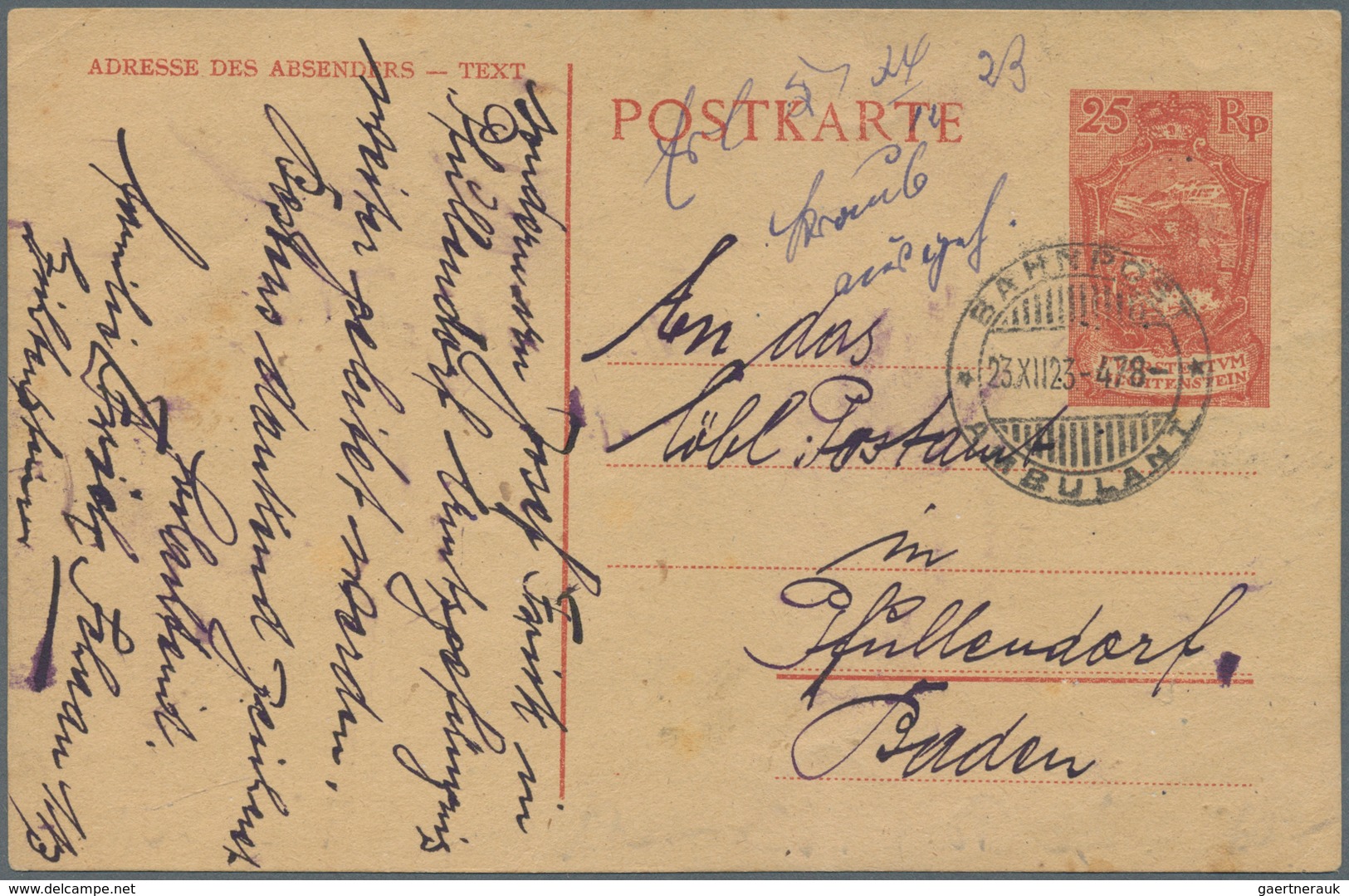 Liechtenstein - Ganzsachen: 1923, 25 Rp. Schloß Vaduz, Bedarfskarte Von Schaan Mit Bahnpost-Ambulant - Stamped Stationery