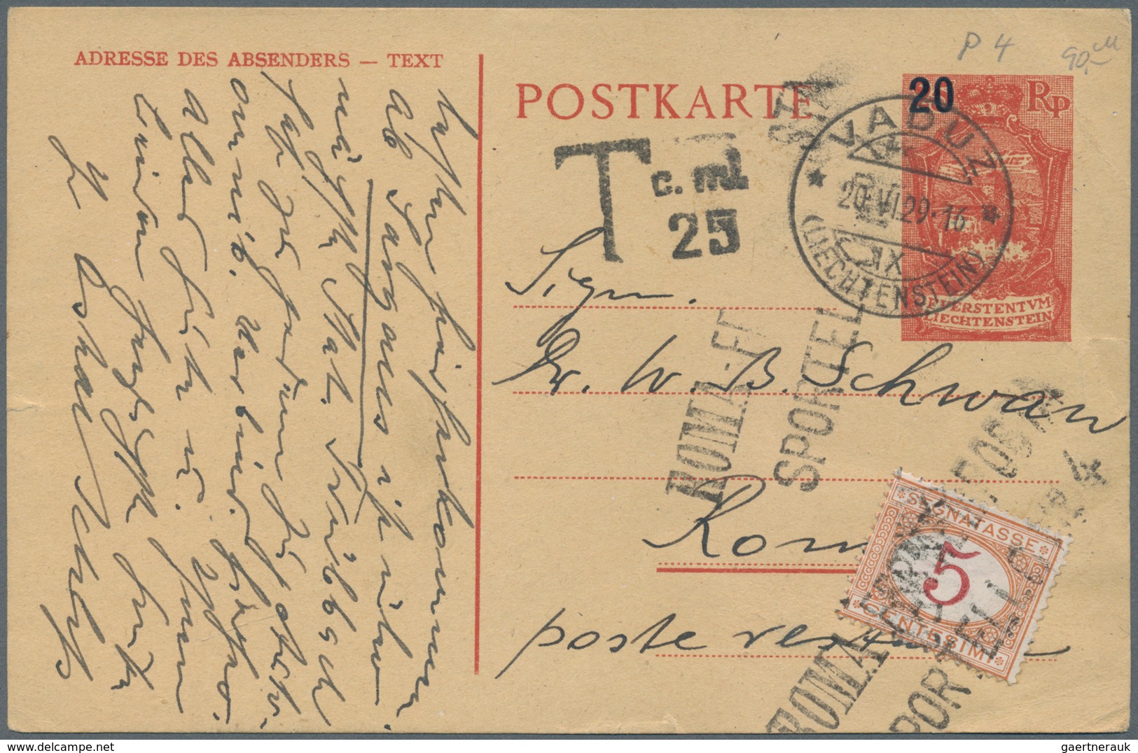 Liechtenstein - Ganzsachen: 1929, 20 Rp. A. 25 Rp. Überdruck Bedarfskarte Von Vaduz An Postlager-Adr - Stamped Stationery