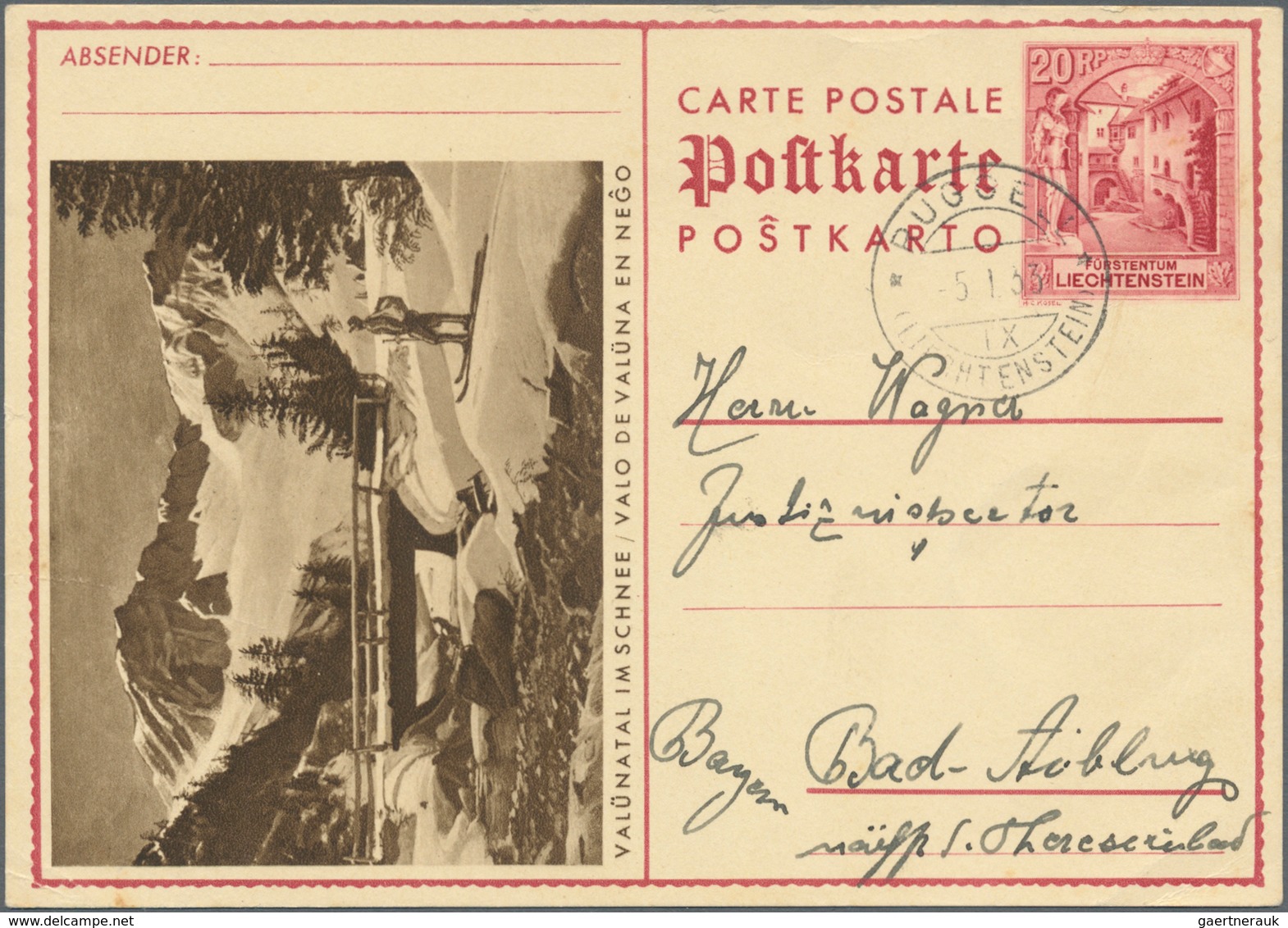 Liechtenstein - Ganzsachen: 1930/1933, Zwei Bild-Ganzsachenkarten 20 Rp., Bedarfsgebraucht Ab "VADUZ - Entiers Postaux
