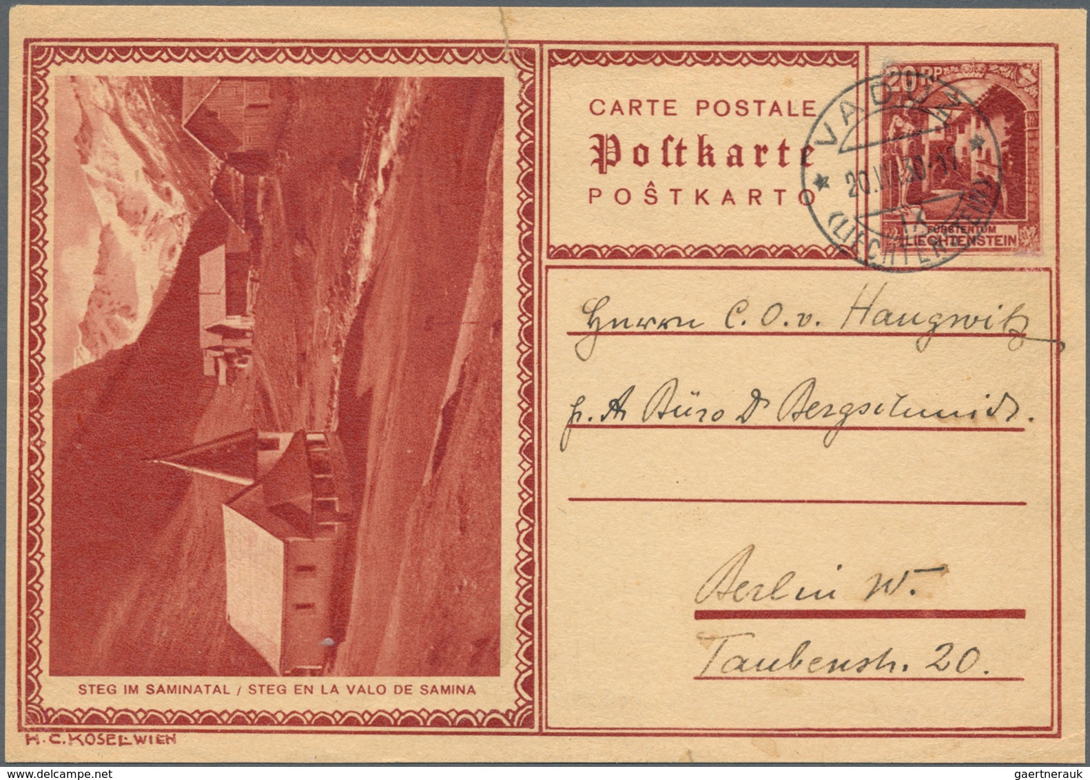 Liechtenstein - Ganzsachen: 1930/1933, Zwei Bild-Ganzsachenkarten 20 Rp., Bedarfsgebraucht Ab "VADUZ - Ganzsachen