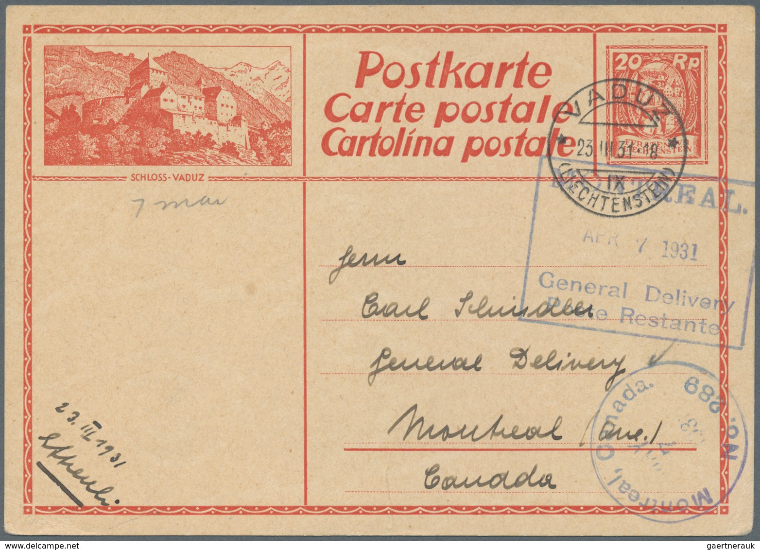 Liechtenstein - Ganzsachen: 1931, 20 Rp Ganzschenkarte Ohne Text Ab VADUZ 23.3.31 Nach Canada Mit Bl - Stamped Stationery