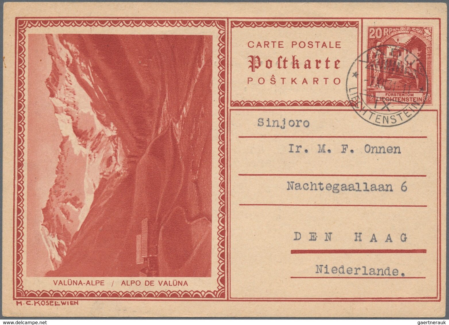 Liechtenstein - Ganzsachen: 1931. Bild-Postkarte 20 Rp Rot Mit Bild "Valüna-Alpe" Von "Vaduz 7.12.31 - Entiers Postaux