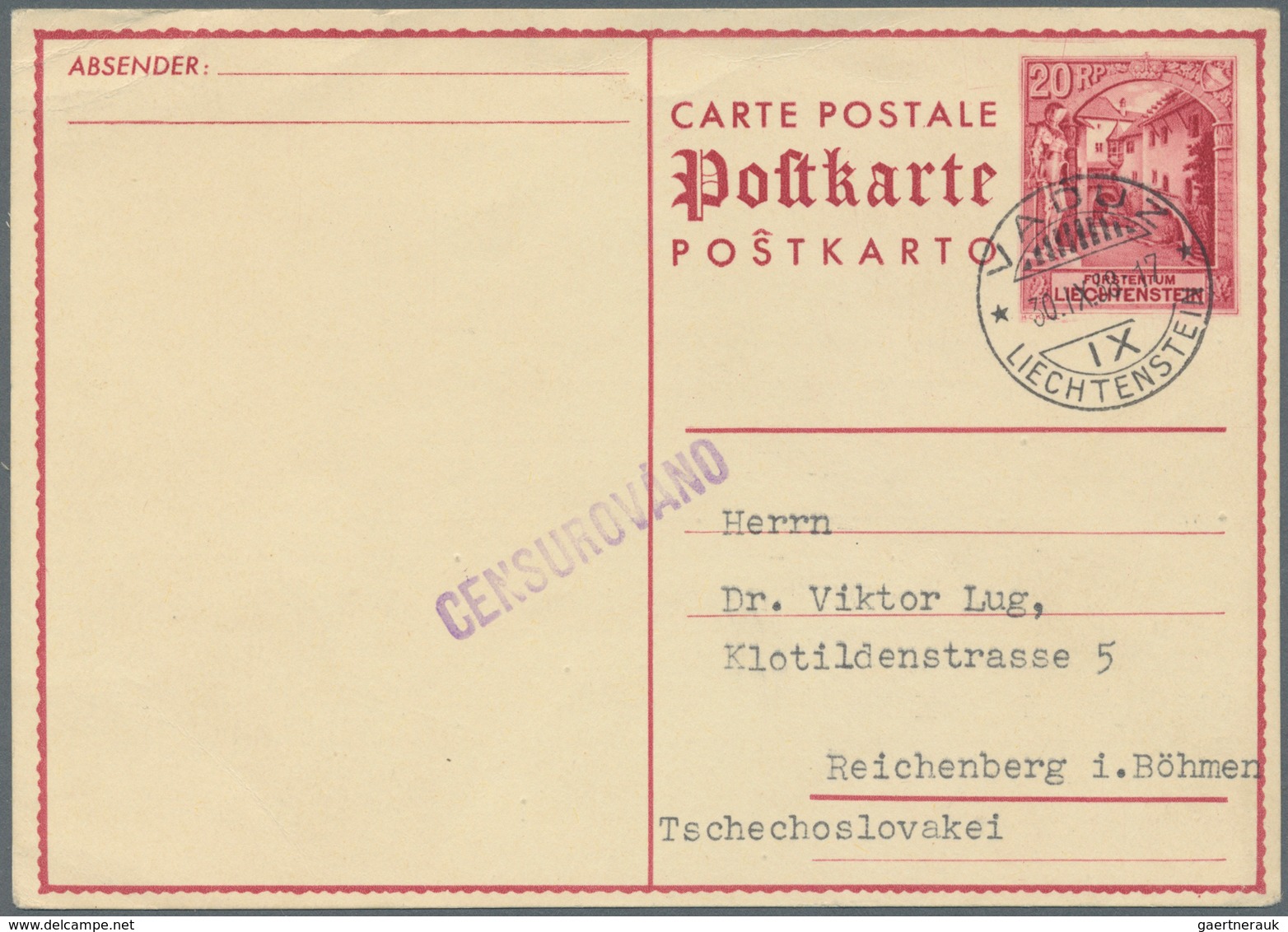 Liechtenstein - Ganzsachen: 1938, 20 Rp Ganzsachenkarte Ab "VADUZ 30.9.38" Nach Reichenberg In Böhme - Entiers Postaux