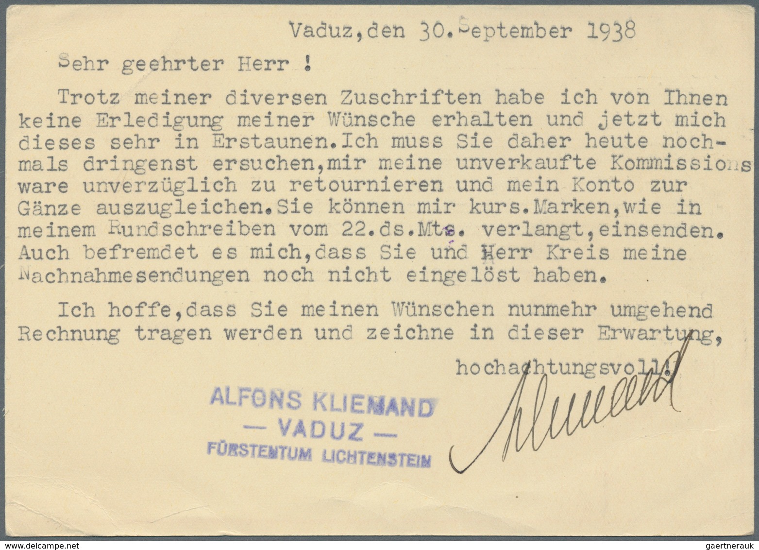 Liechtenstein - Ganzsachen: 1938, 20 Rp Ganzsachenkarte Ab "VADUZ 30.9.38" Nach Reichenberg In Böhme - Ganzsachen