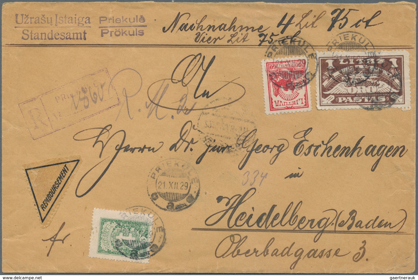 Litauen: 1929 Registered Cover Cash On Delivery Franked With 5 Centai Green, 60 Centai Red And 1 Lit - Lituanie