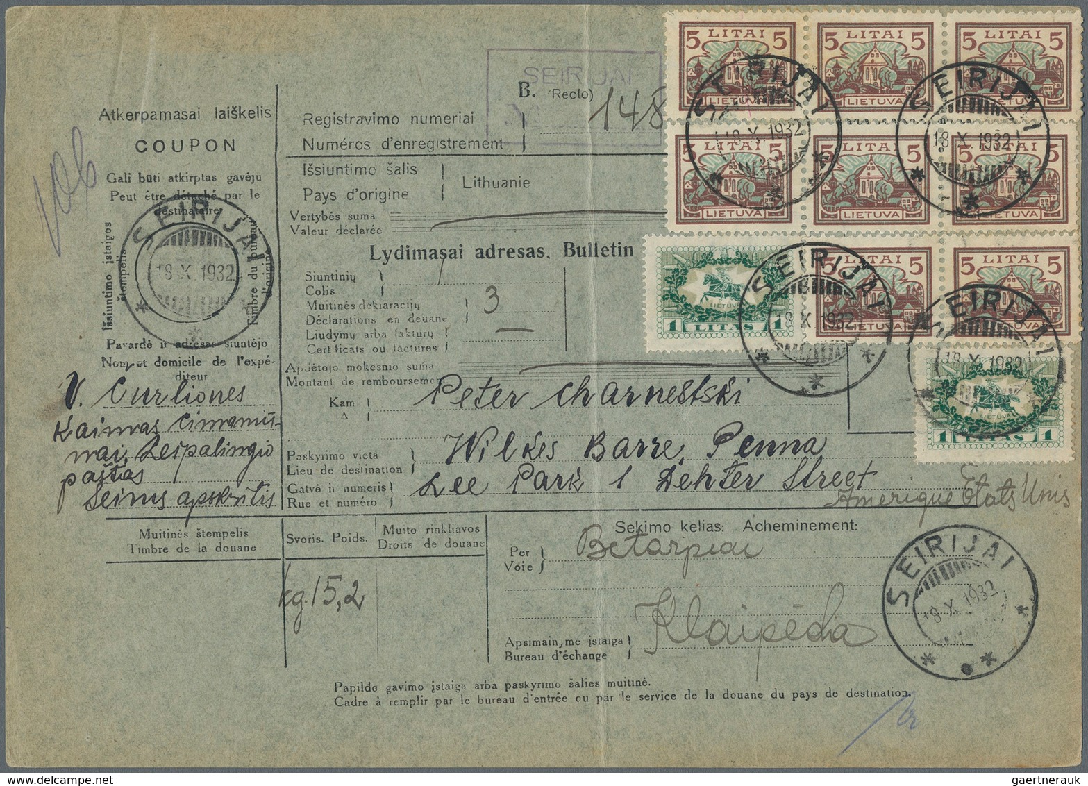 Litauen: 1932, Complete Parcel Despatch Form With Franking On Front/on Reverse (one Stamp Fallen Off - Lithuania