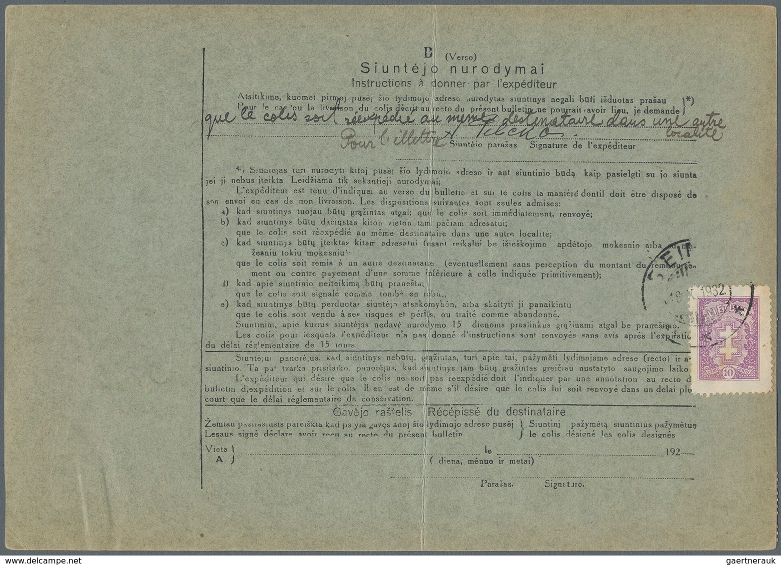 Litauen: 1932, Complete Parcel Despatch Form With Franking On Front/on Reverse (one Stamp Fallen Off - Lituanie