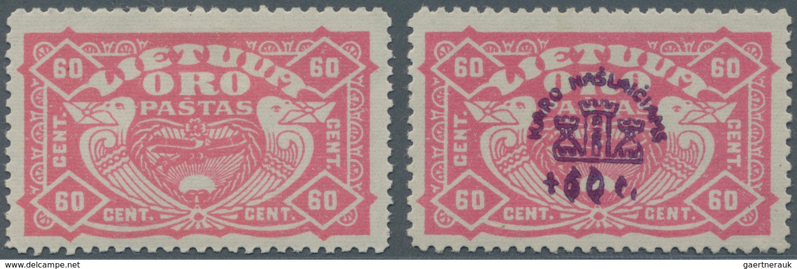 Litauen: 1924, Airmail Stamp Carrier Pigeons 60 C. Lilarosa WITHOUT Watermark, Unused With Fold, Ver - Lituanie