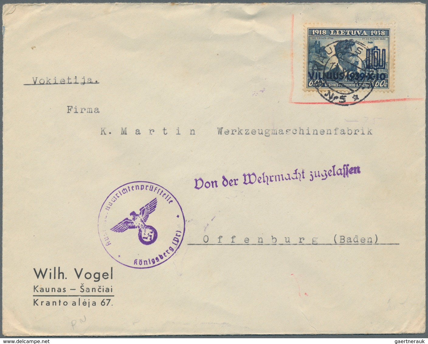 Litauen: 1939 Two Censored Covers With 60 C Blue With And Without Surcharge From Kaunas To Offenburg - Lituanie