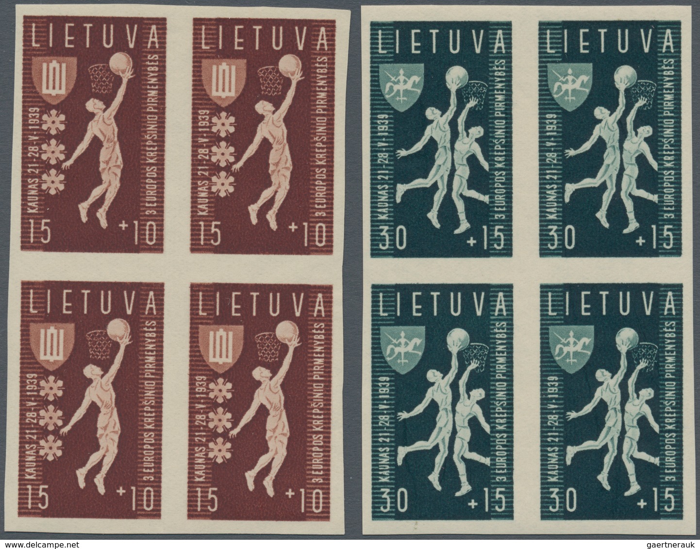 Litauen: 1939, Basketball Championship, 15c.+10c. Brown And 30c.+15c. Green, Each As Imperforate Blo - Lithuania