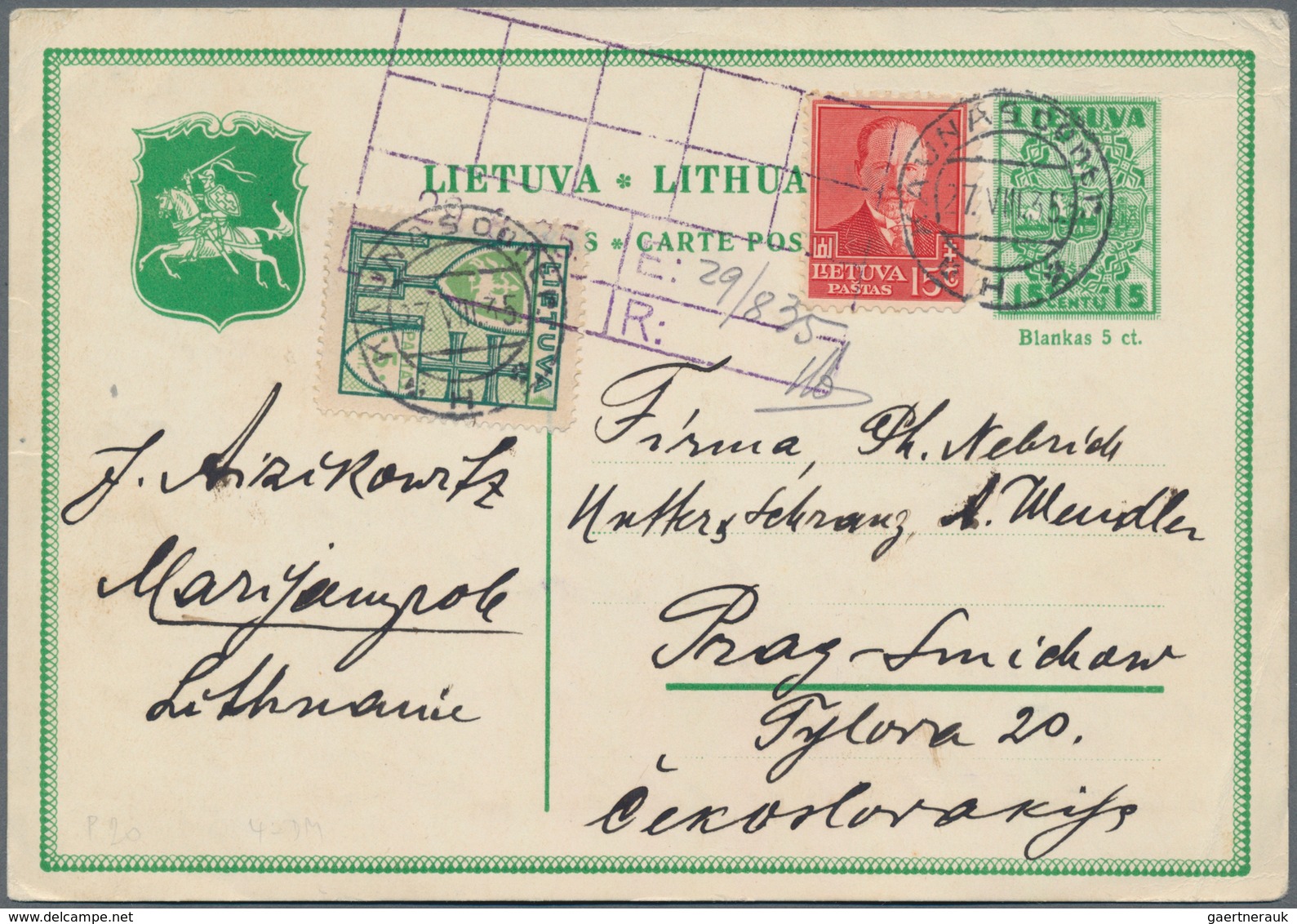 Litauen - Ganzsachen: 1935, Postal Stationery Card P 20Ia Uprated From Kaunas To Prague With Long Me - Lituanie