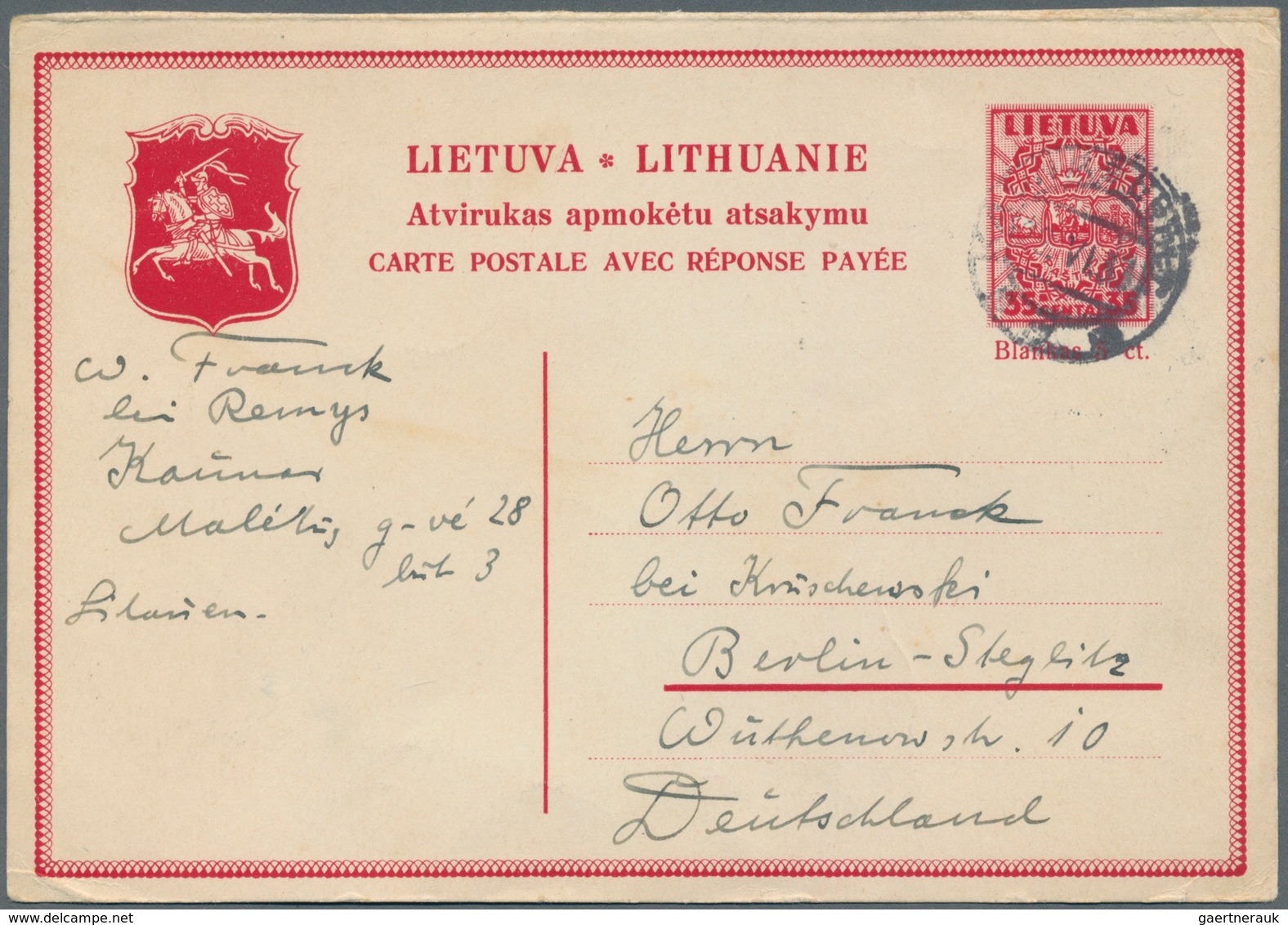 Litauen - Ganzsachen: 1937 Postal Stationery Card 35 Centai Red Commercially Used From Kaunas To Ber - Lituanie