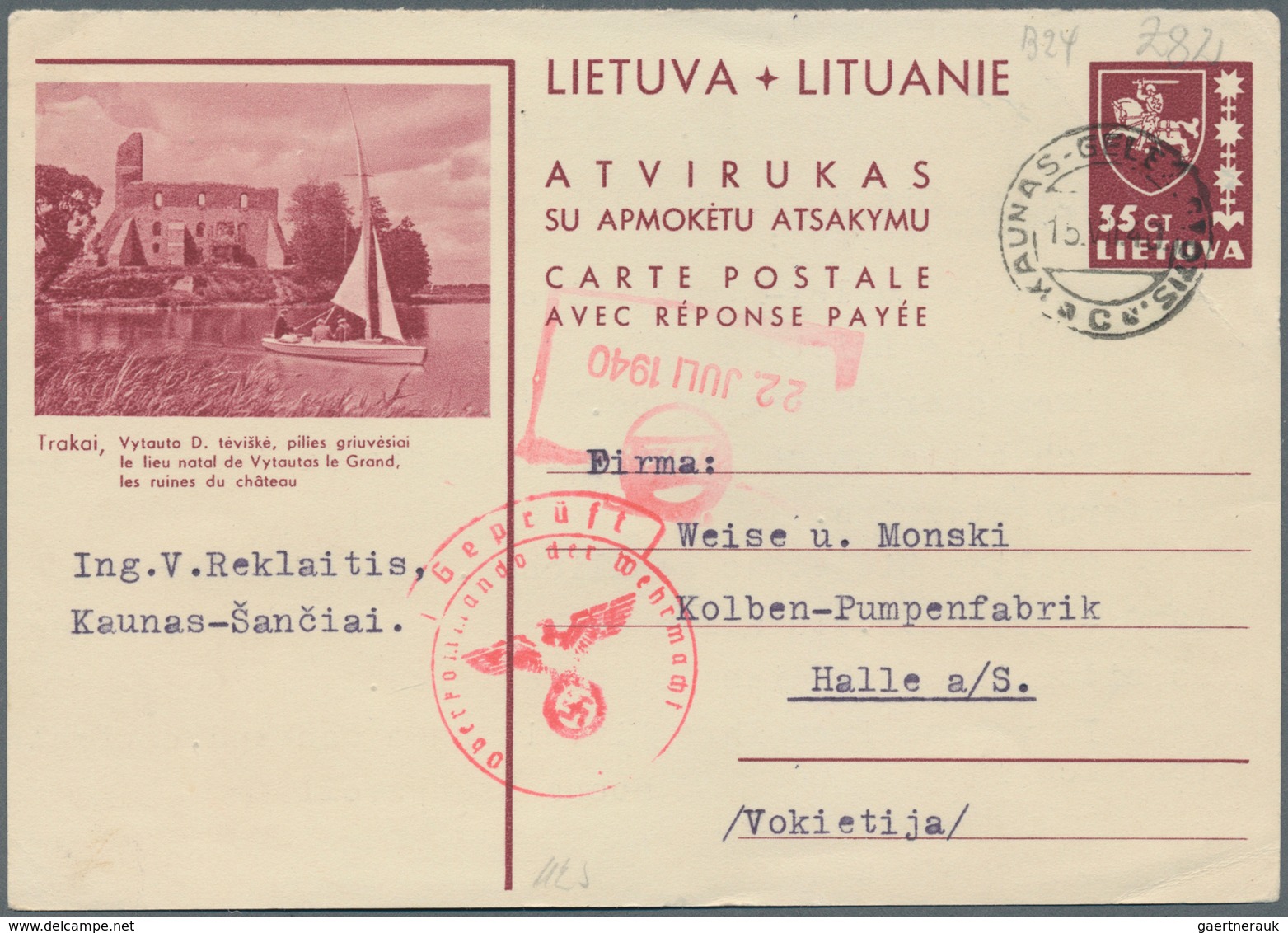 Litauen - Ganzsachen: 1940 Censored Postal Stationery Card With 35 Centai Brown Commercially Used Fr - Lituanie