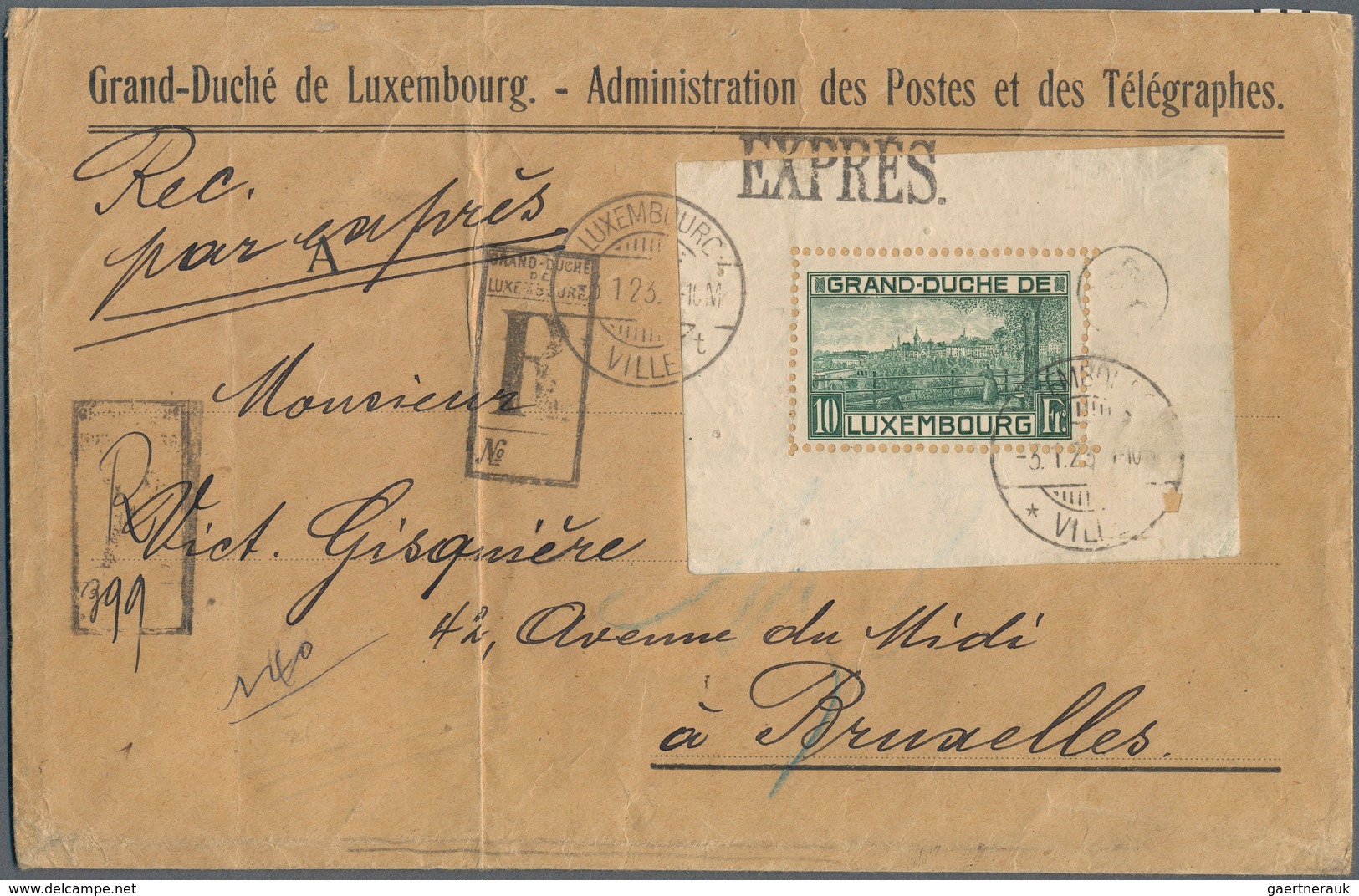 Luxemburg: 1923, Princess' Birth, 10fr. Green Souvenir Sheet Used On Registered Express Cover "Grand - Other & Unclassified