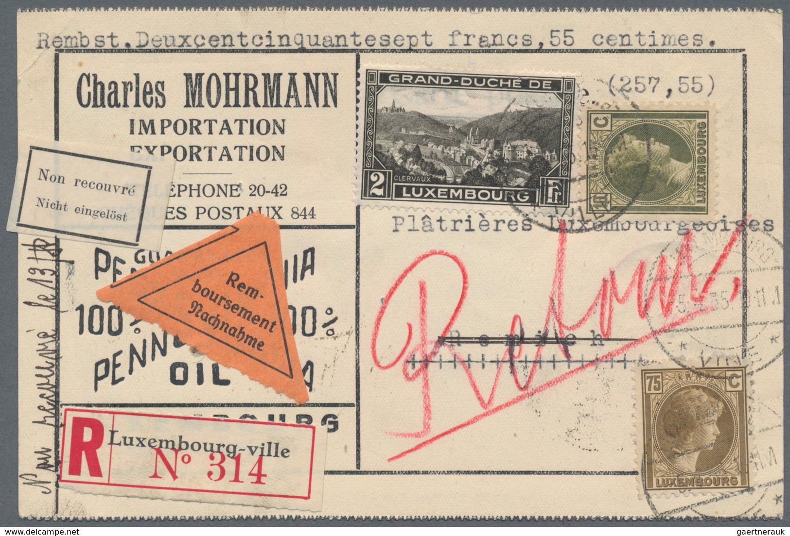 Luxemburg: 1930,1935: Two Registered Cards With Cash On Delivery From LUXEMBOURG-VILLE Respetive ESC - Autres & Non Classés