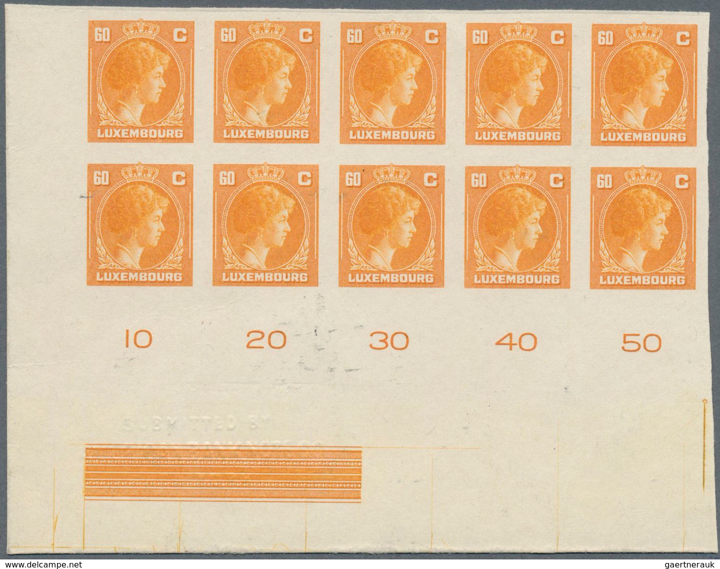 Luxemburg: 1944: Granduchess Charlotte, 60 C Orange, Imperforated Proof On Carton, Block Of Ten From - Autres & Non Classés