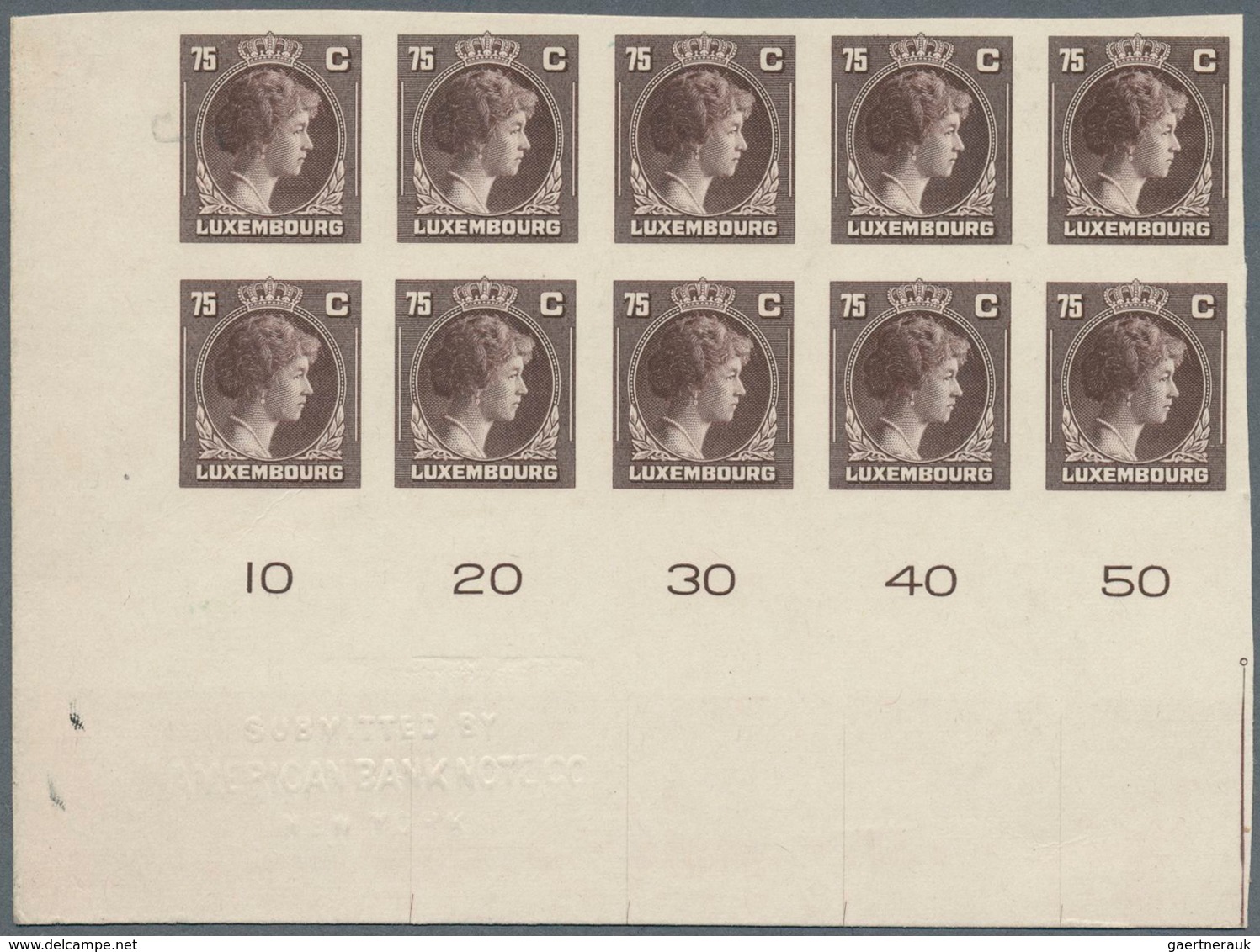 Luxemburg: 1944: Granduchess Charlotte, 75 C Brown, Imperforated Proof On Carton, Block Of Ten From - Autres & Non Classés