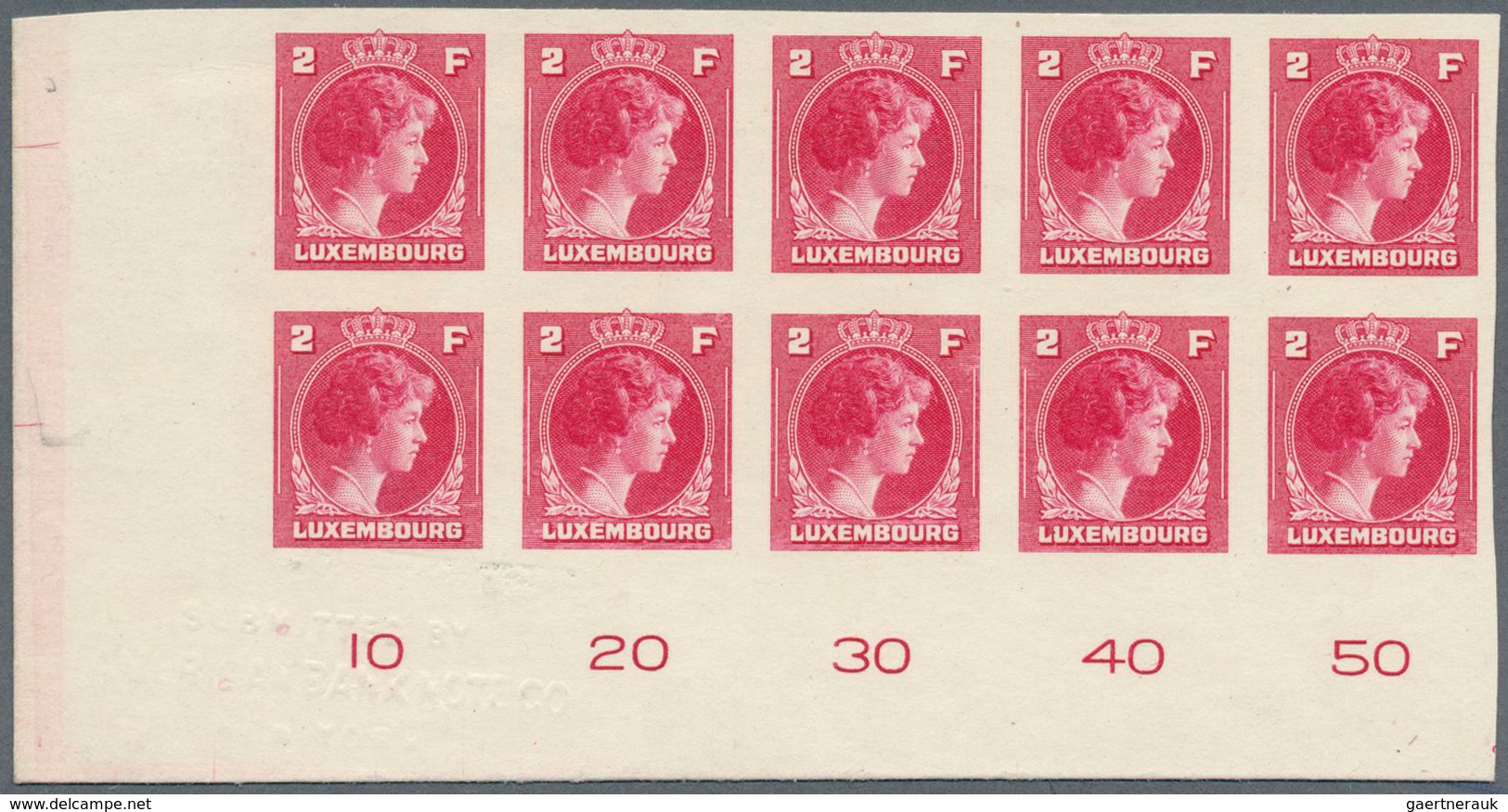 Luxemburg: 1944: Granduchess Charlotte, 2 F Carmine, Imperforated Proof On Carton, Block Of Ten From - Other & Unclassified