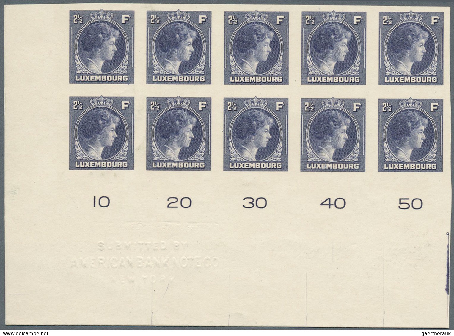 Luxemburg: 1944: Granduchess Charlotte, 2 1/2 F Violet, Imperforated Proof On Carton, Block Of Ten F - Autres & Non Classés