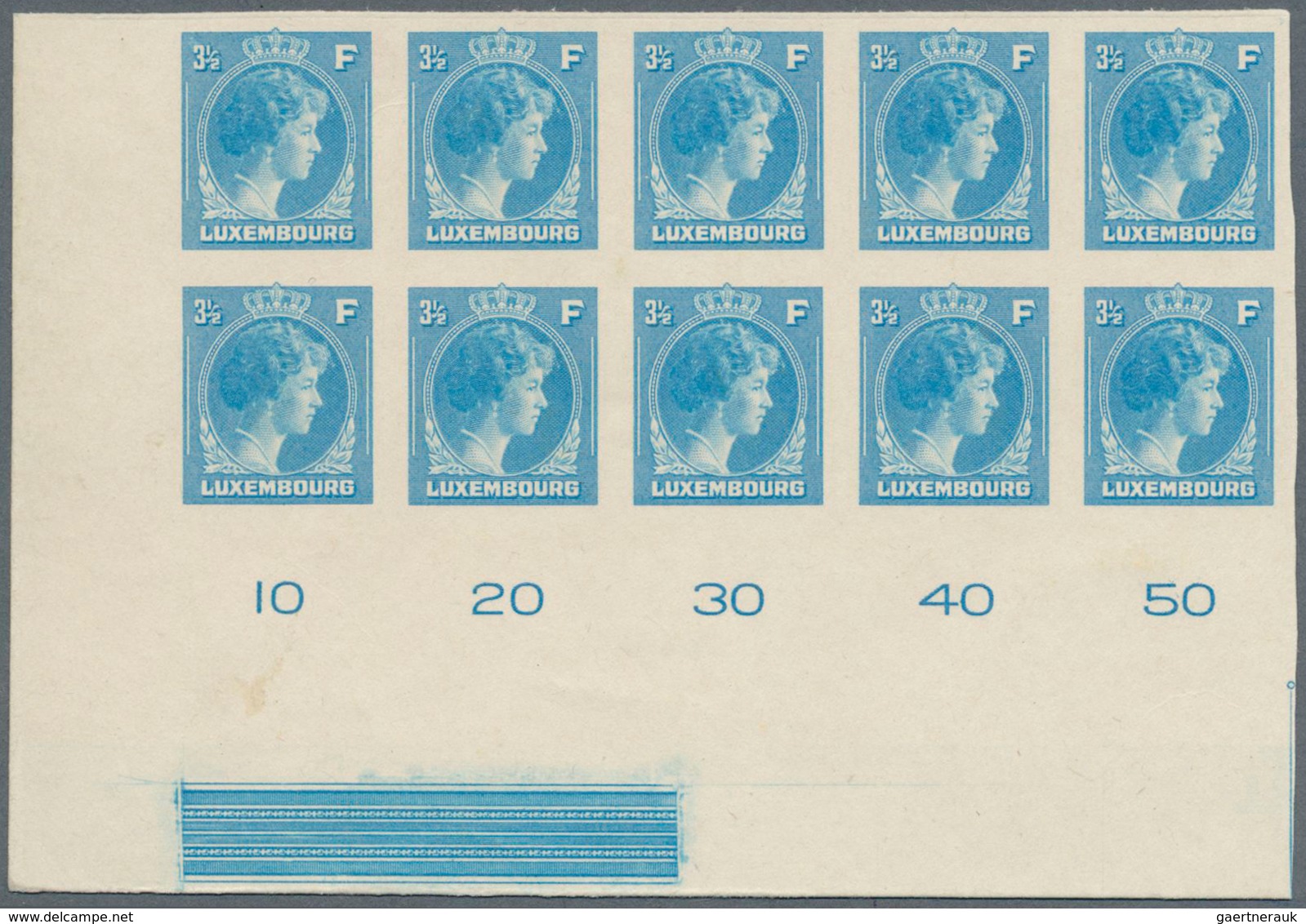 Luxemburg: 1944: Granduchess Charlotte, 3 1/2 F Light Blue, Imperforated Proof On Carton, Block Of T - Autres & Non Classés