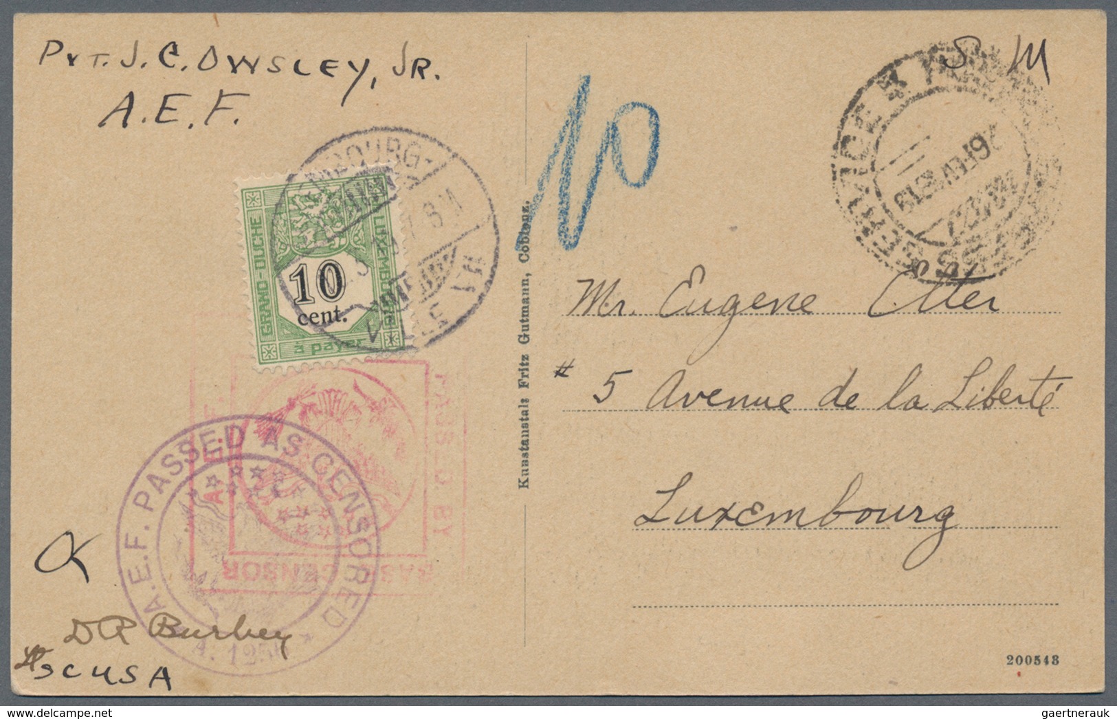 Luxemburg - Besonderheiten: 1919, Amreican Field Post Card "KOBLENZ 26.2.19" With American Double Ce - Autres & Non Classés