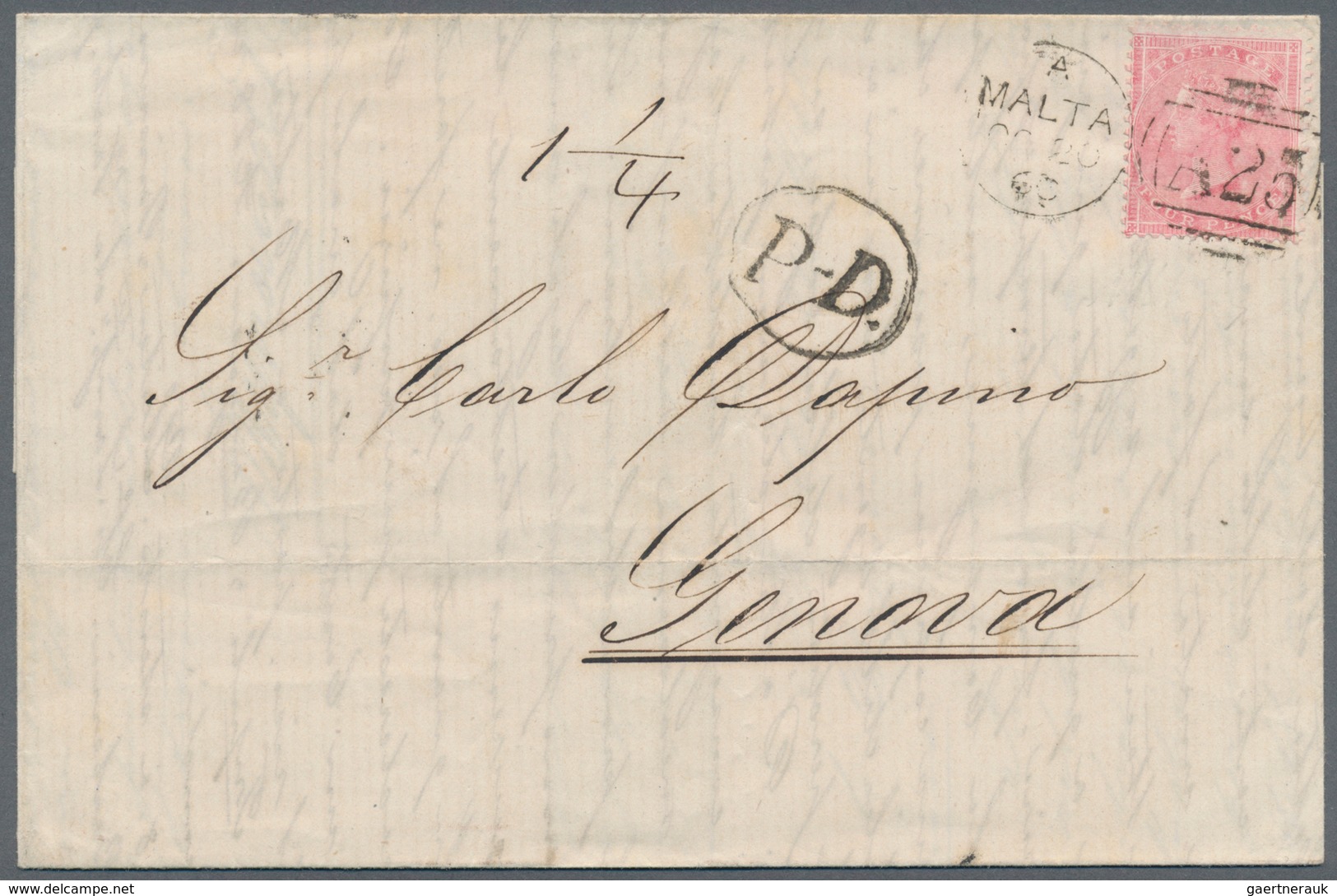 Malta: 1860. 4 Pence Rose, Tied By A25 Duplex Cancel, Black Framed P.D. Alongside On Letter To Genov - Malte