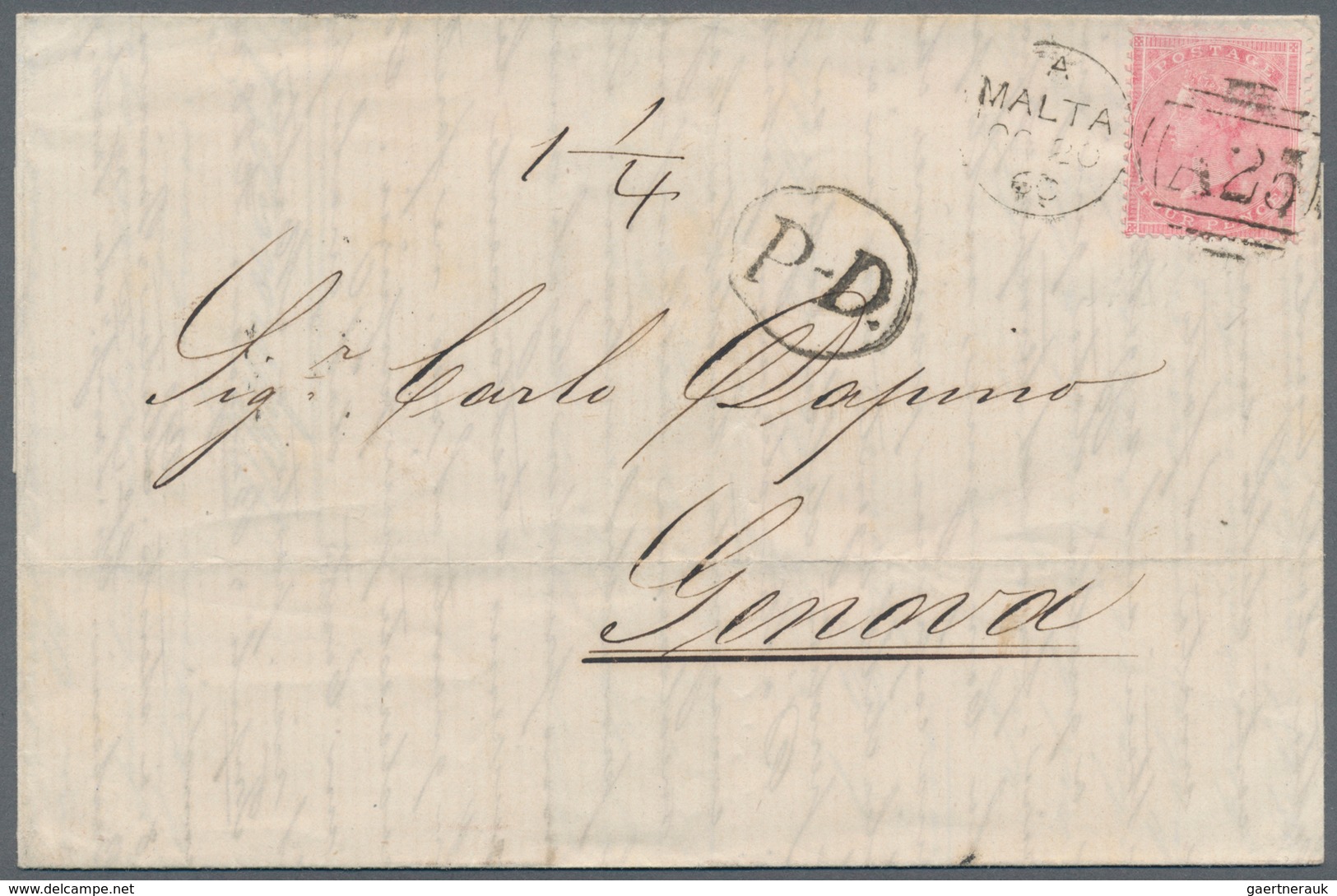 Malta: 1860. 4 Pence Rose, Tied By A25 Duplex Cancel, Black Framed P.D. Alongside On Letter To Genov - Malta