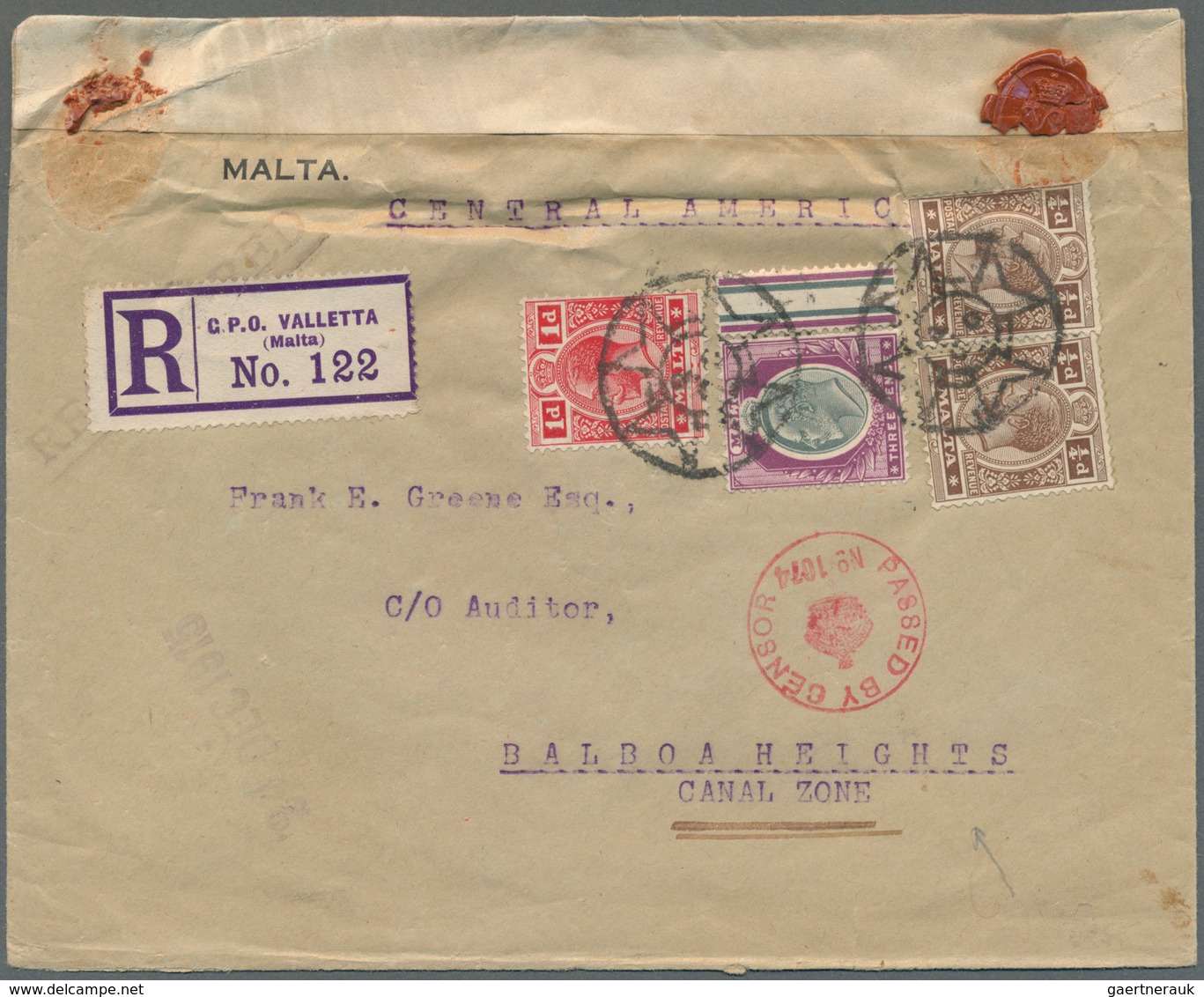 Malta: 1916, KEVII 3d With KGV 1/2d (2), 1d Tied Mute "star" To Registered Cover To Balboa/Canal Zon - Malte