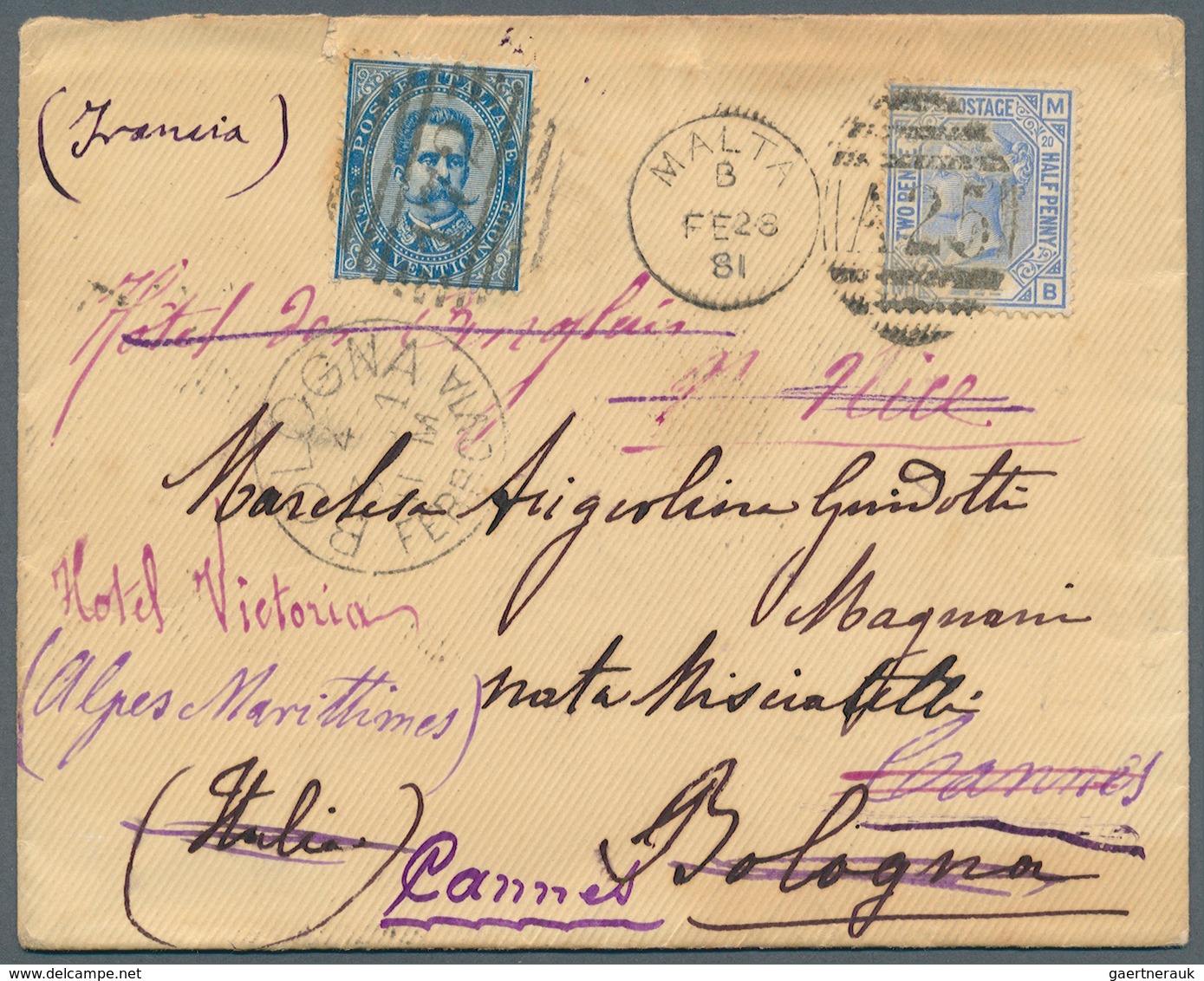 Malta: 1881. Envelope To Italy (backside Small Flap Part Missing) Bearing Great Britain SG 142, 2½d - Malta