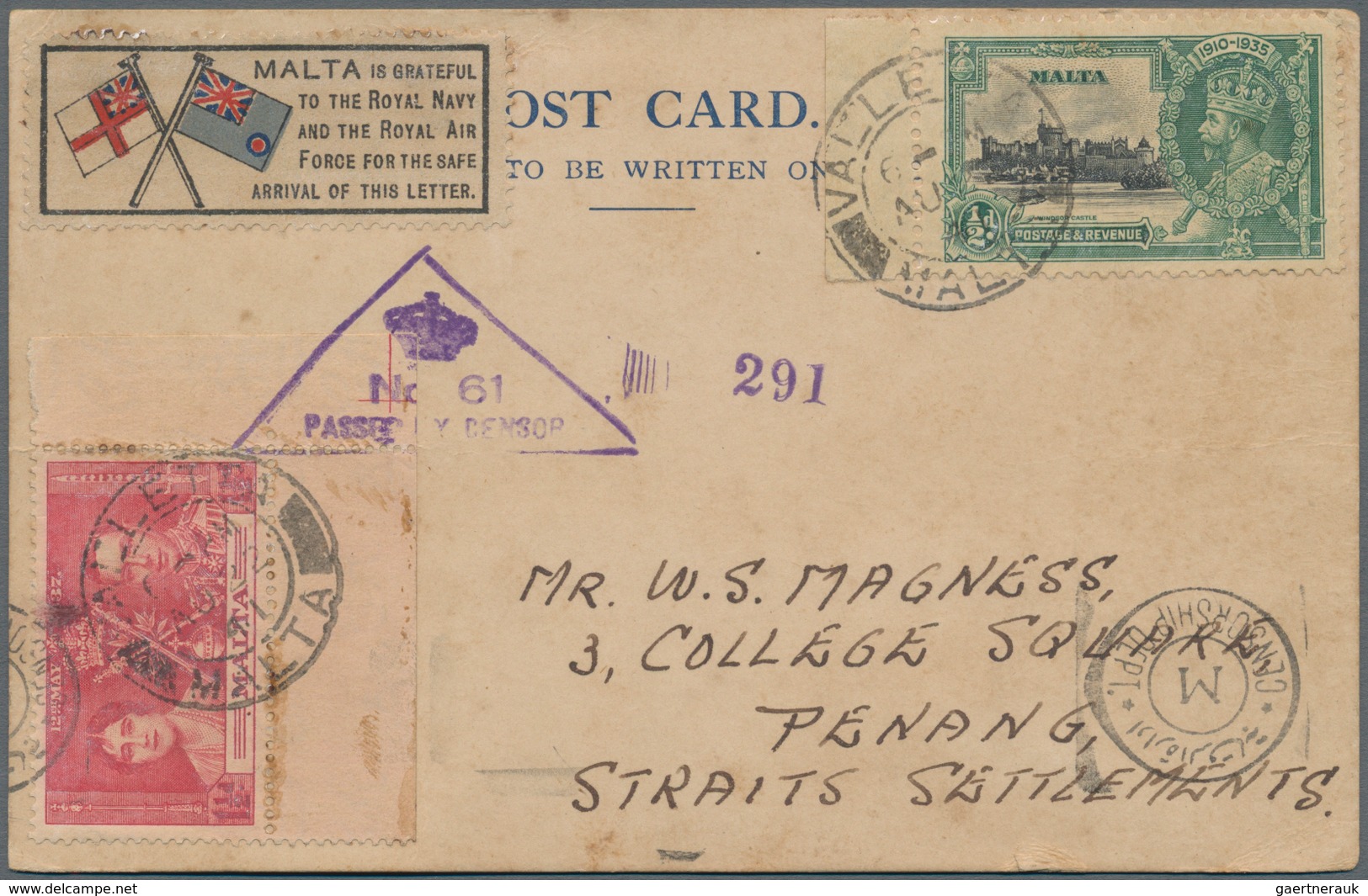 Malta: 1941 Postcard And A Cover Sent To PENANG, Straits Settlements, Both With Special "MALTA Is Gr - Malte