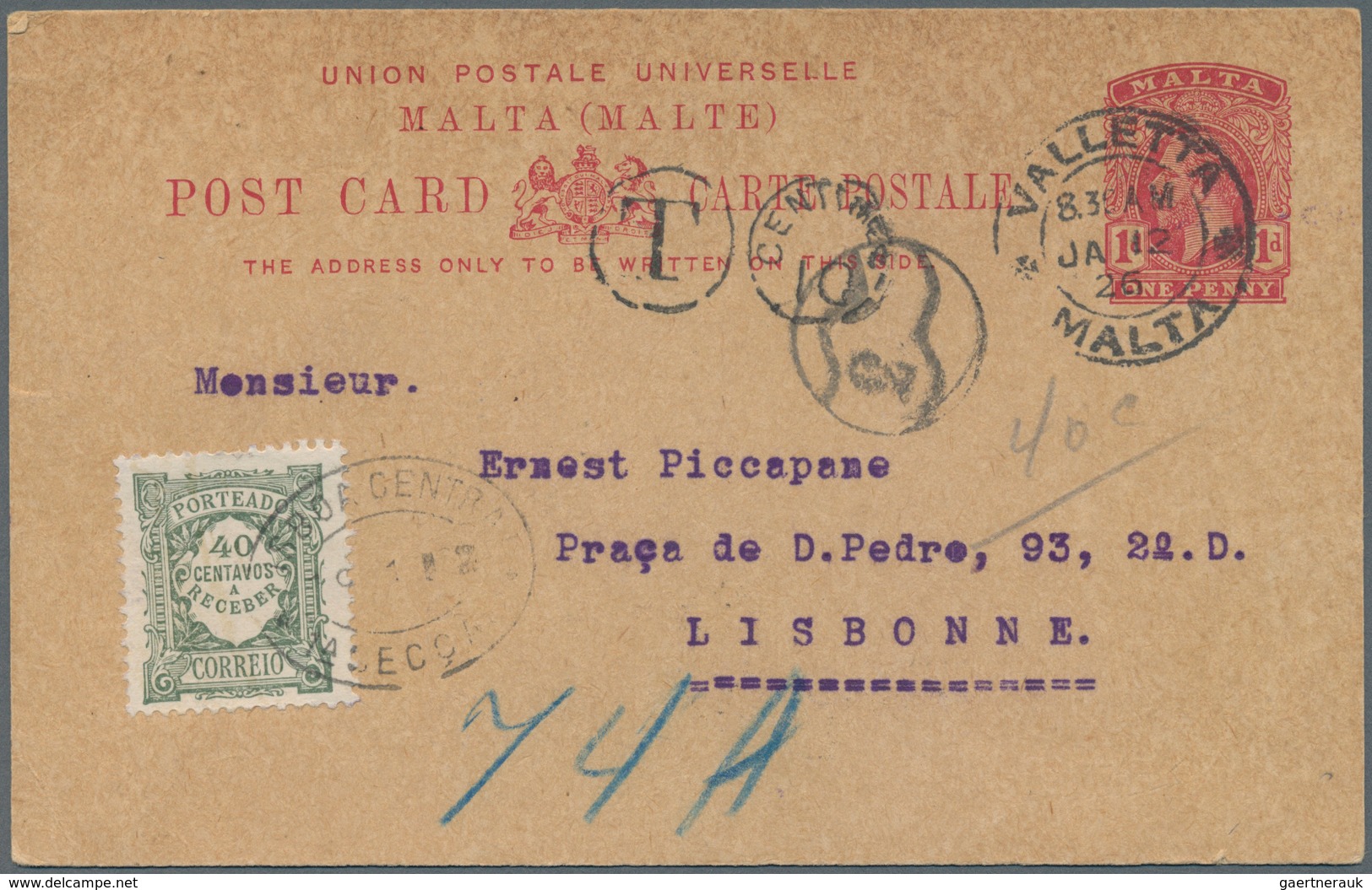 Malta - Ganzsachen: 1926. Malta Postal Stationery Card 1d Red Cancelled By Valletta/Malta Double Rin - Malte