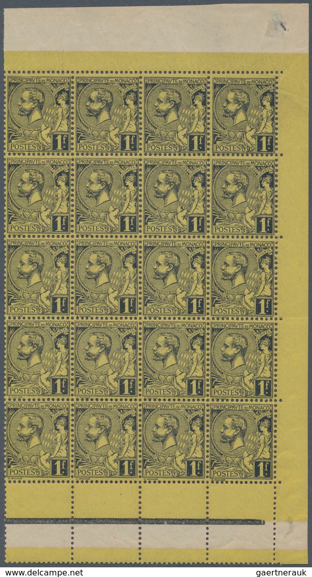 Monaco: 1891, Prince Albert I. 1fr. Black On Yellow Block Of 20 With Margins On Three Sides, MNH (tw - Oblitérés