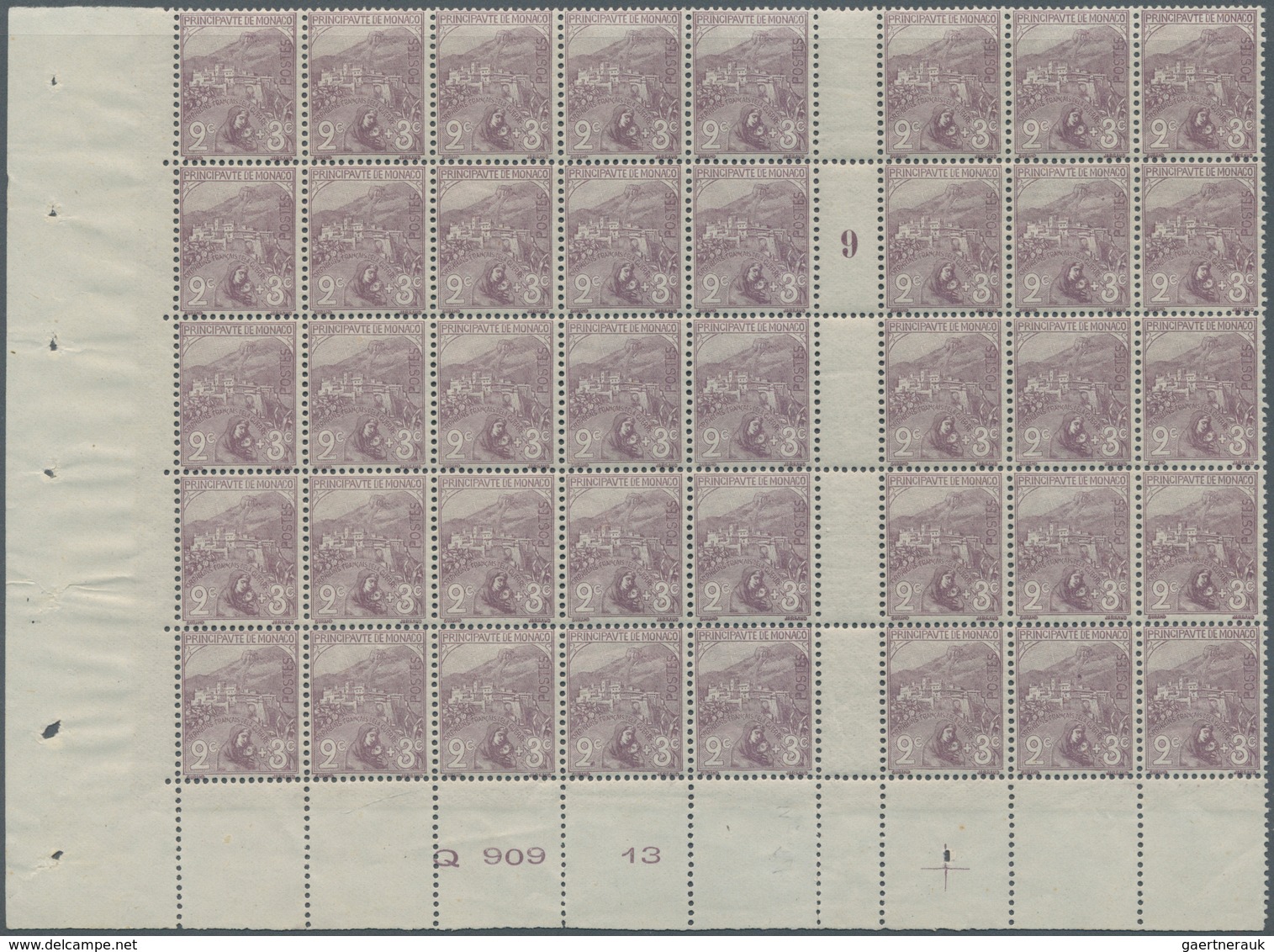 Monaco: 1919, War Orphans 2+3c. Lilac In A Block Of 40 From Lower Left Corner With Gutter Between (m - Oblitérés