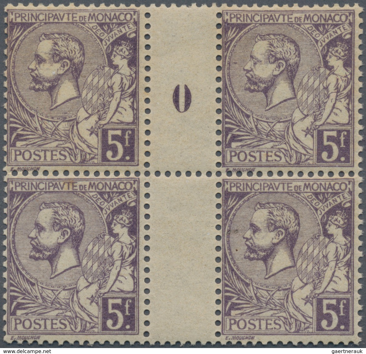 Monaco: 1920, Prince Albert I. 5fr. Violet Gutter Block Of Four (millesime 0), Mint Never Hinged And - Oblitérés